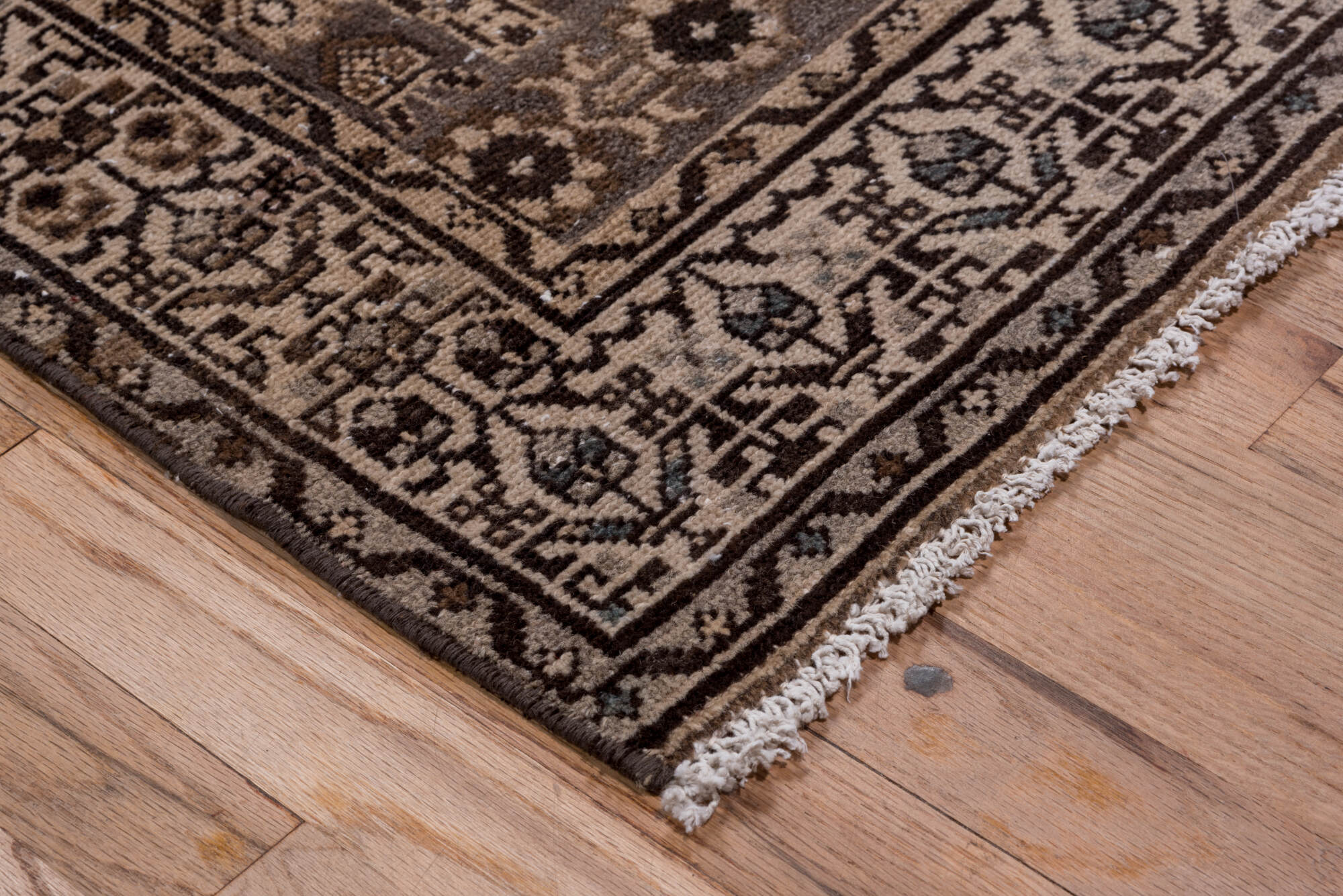 2' x 13' one-of-a-kind handmade vintage Malayer runner rug. Color palette: brown, gray, off-white, pink, snow, white
