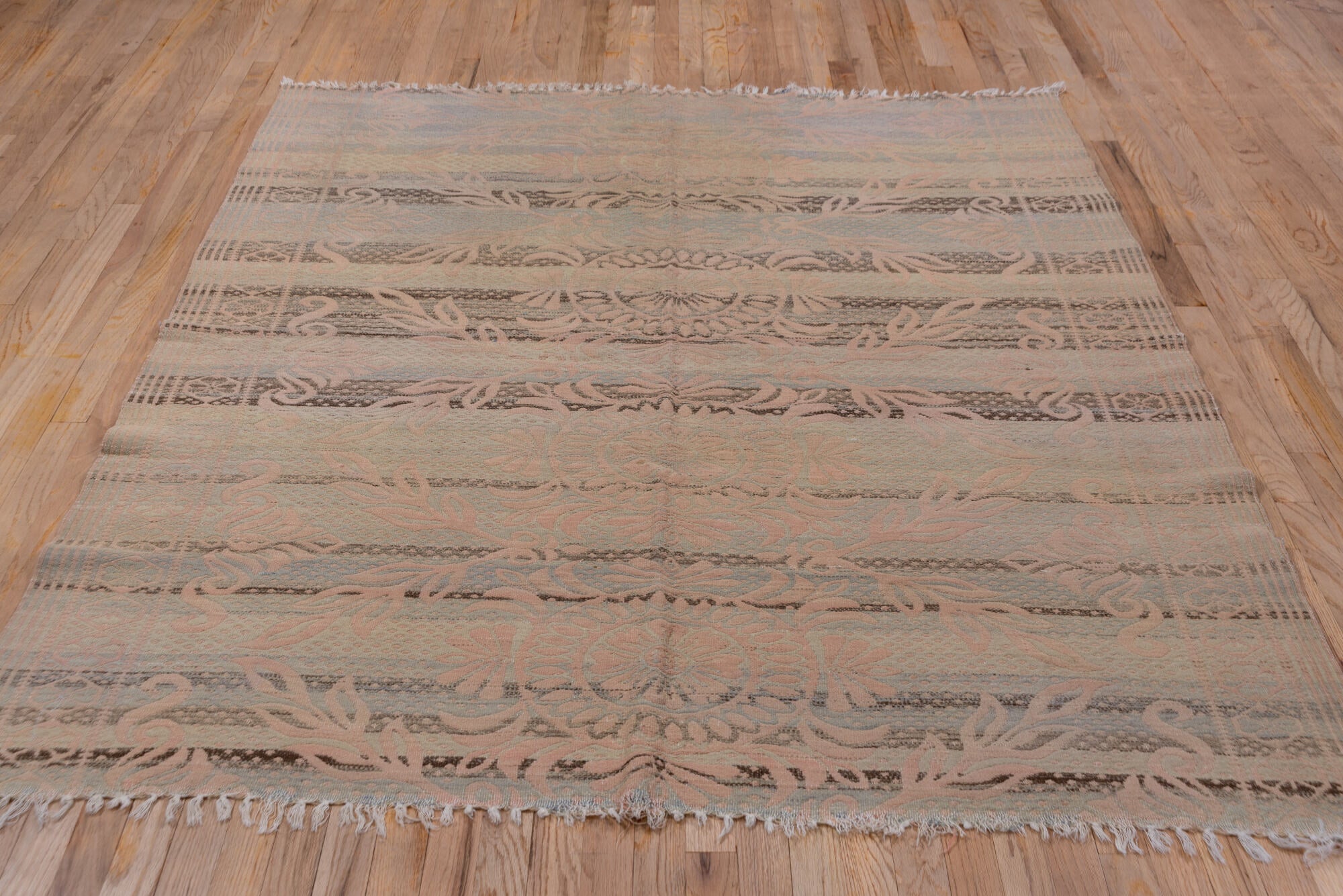 5' x 7' one-of-a-kind handmade vintage Kilim rug. Color palette: brown, gray, light gray, off-white, pink, snow, white