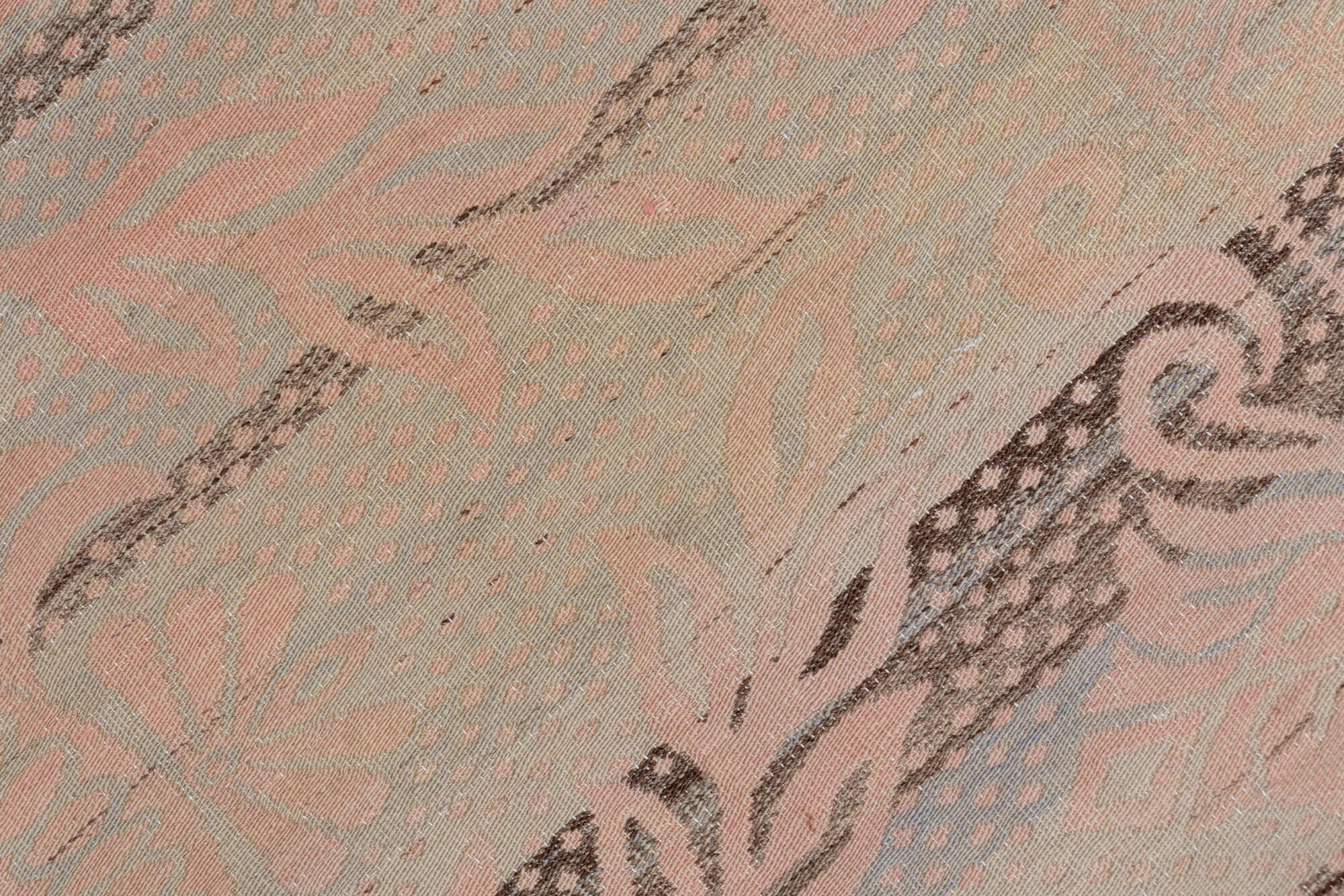 5' x 7' one-of-a-kind handmade vintage Kilim rug. Color palette: brown, gray, light gray, off-white, pink, snow, white