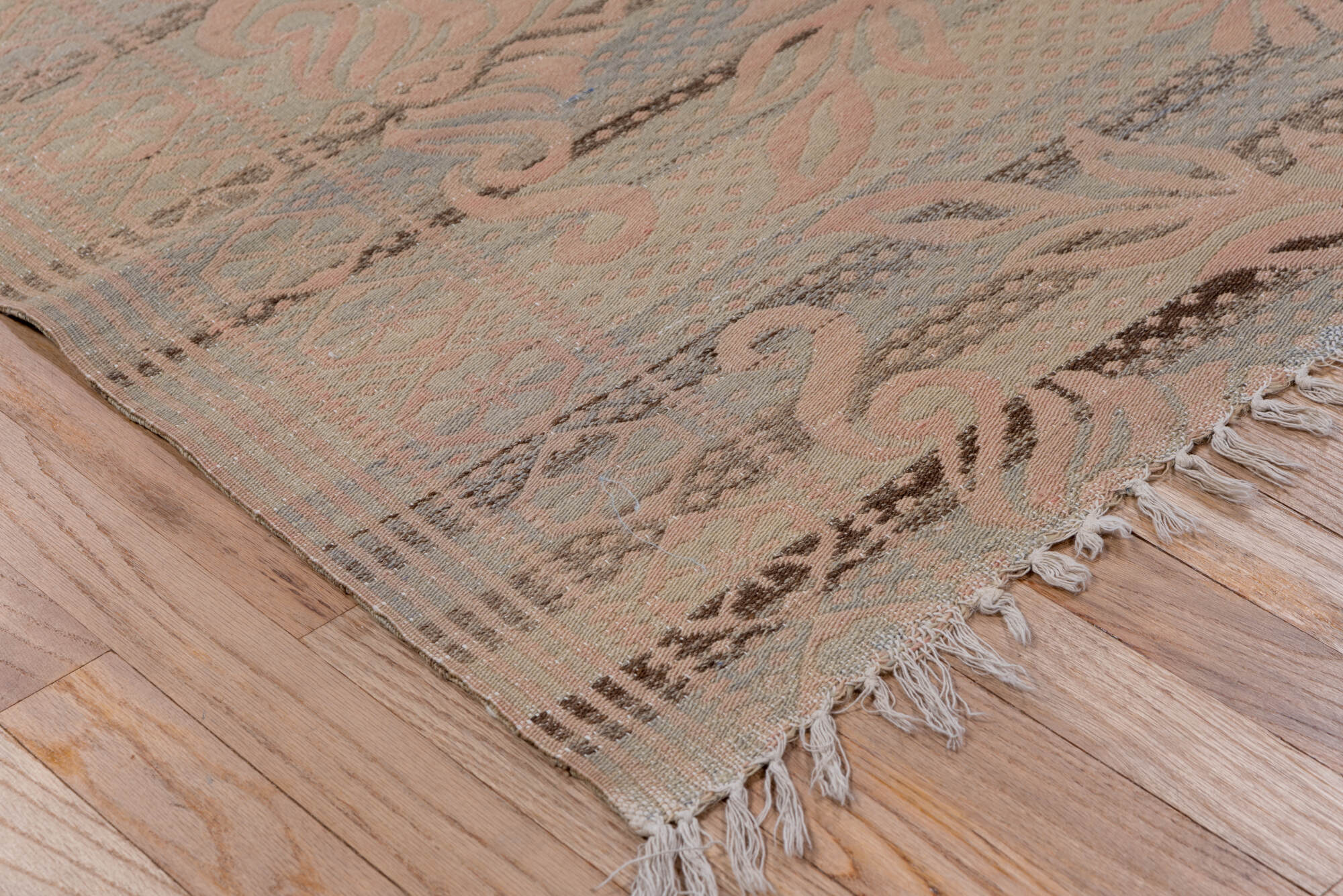 5' x 7' one-of-a-kind handmade vintage Kilim rug. Color palette: brown, gray, light gray, off-white, pink, snow, white