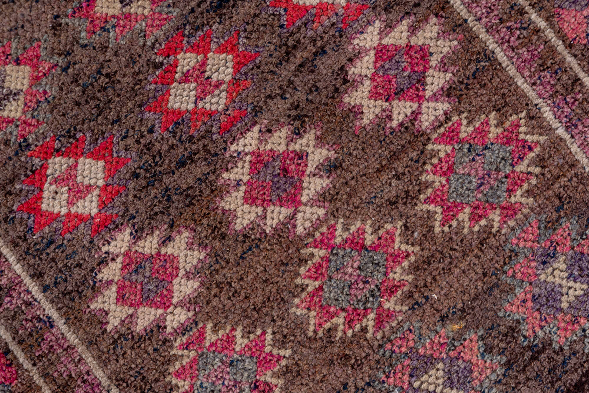 3' x 12' one-of-a-kind handmade vintage Kars runner rug. Color palette: brown, gray, light gray, pink, red