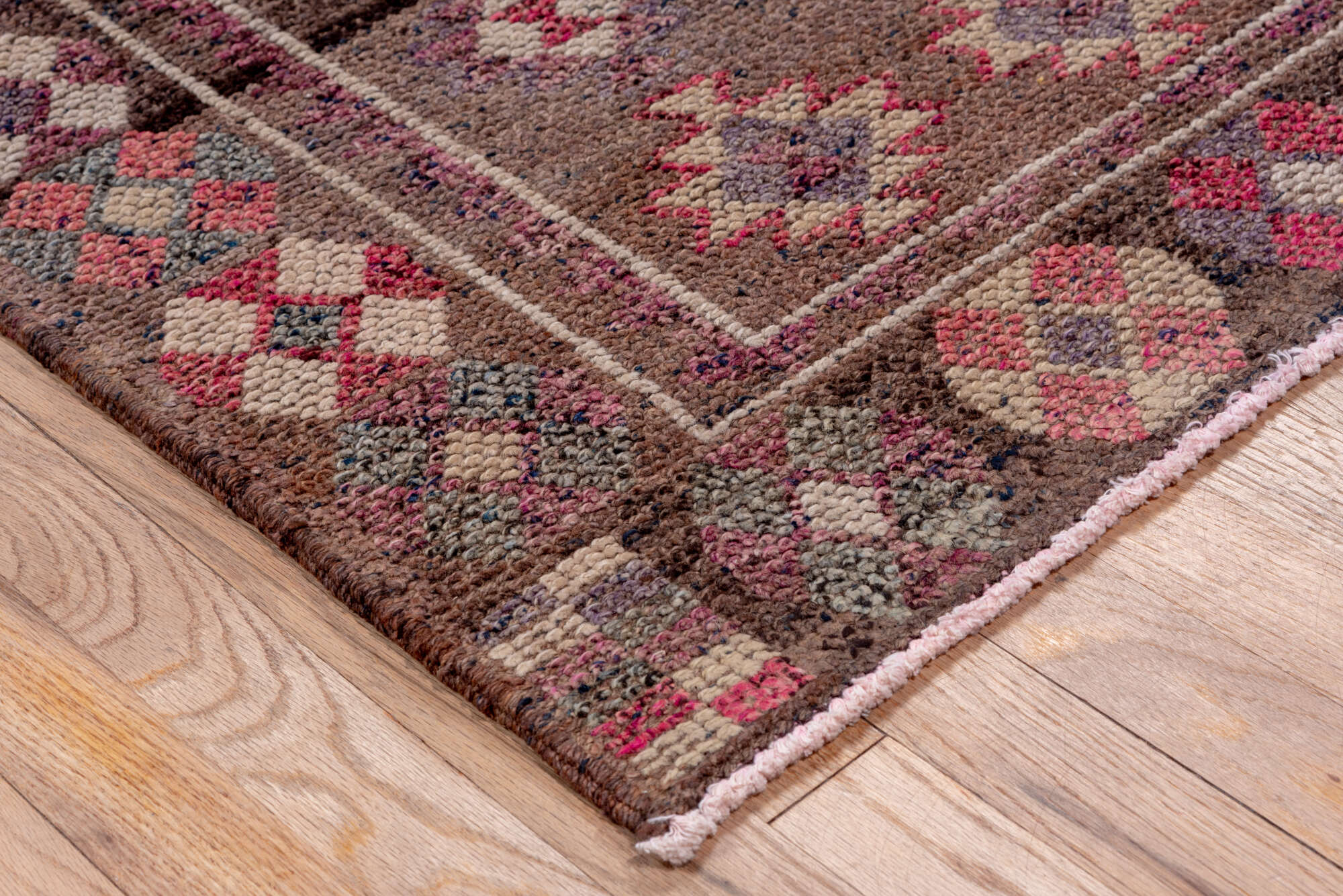 3' x 12' one-of-a-kind handmade vintage Kars runner rug. Color palette: brown, gray, light gray, pink, red