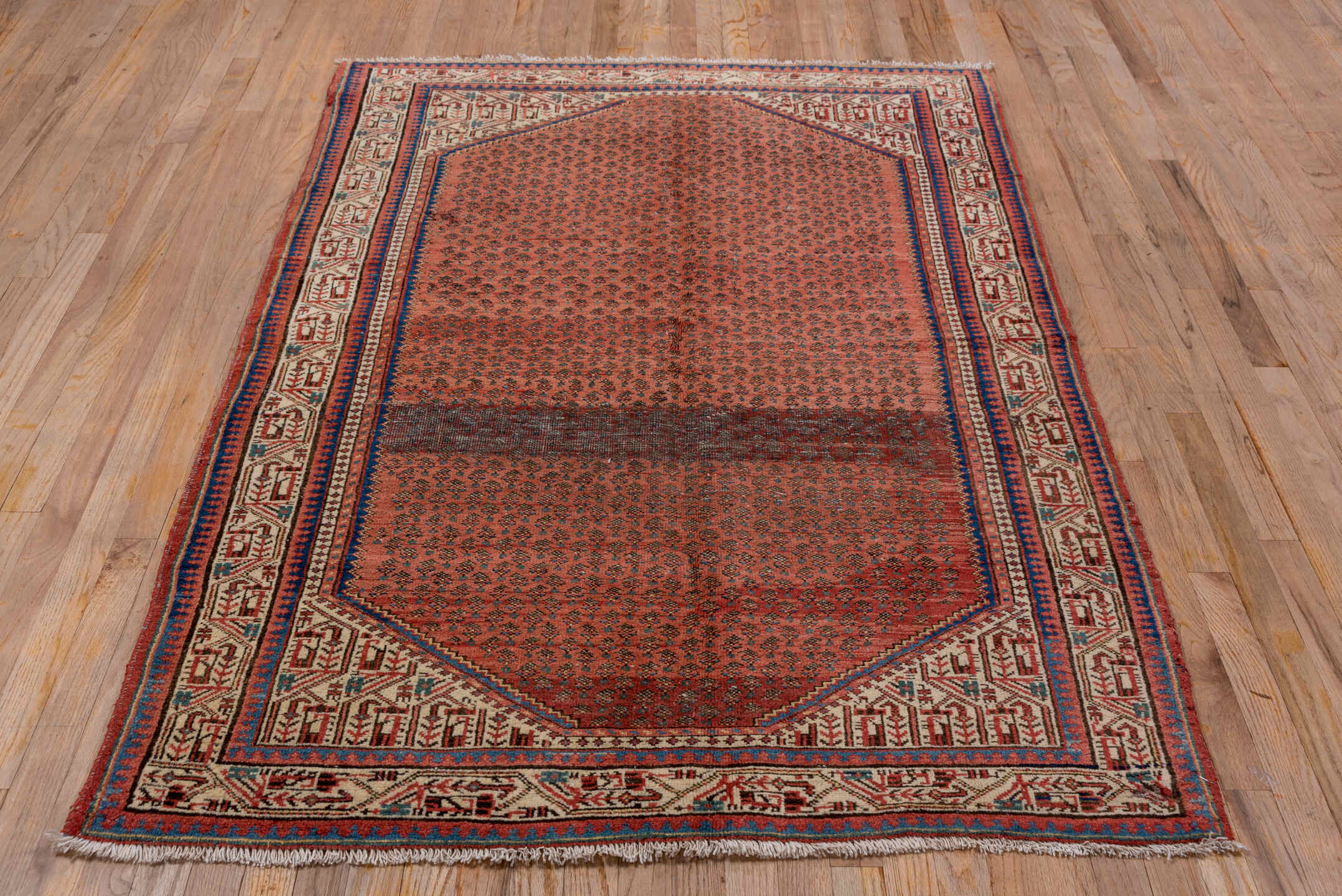 4' x 6' one-of-a-kind handmade vintage Mahal small size rug. Color palette: brown, gray, red, pink, blue, orange, redwood