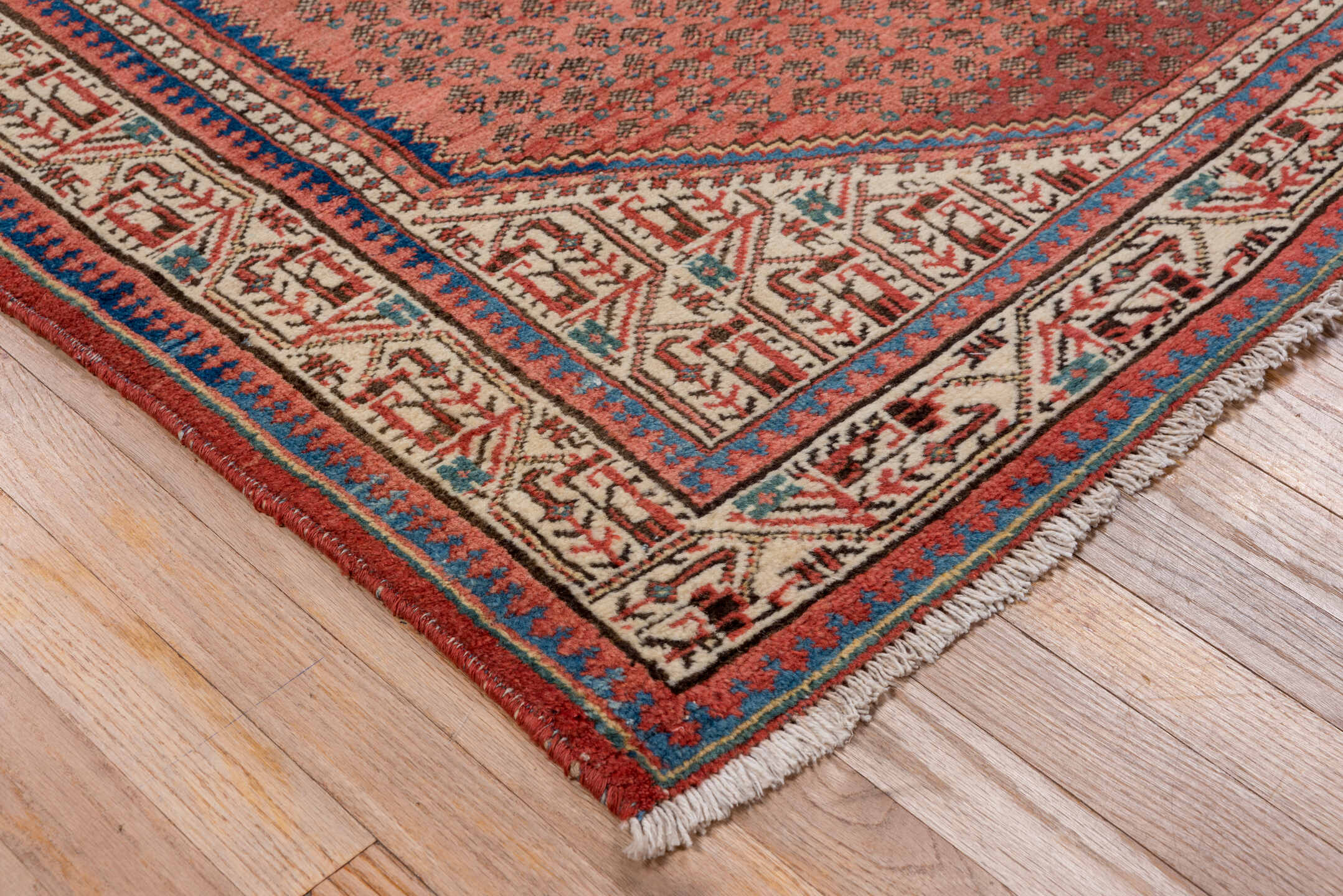 4' x 6' one-of-a-kind handmade vintage Mahal small size rug. Color palette: brown, gray, red, pink, blue, orange, redwood