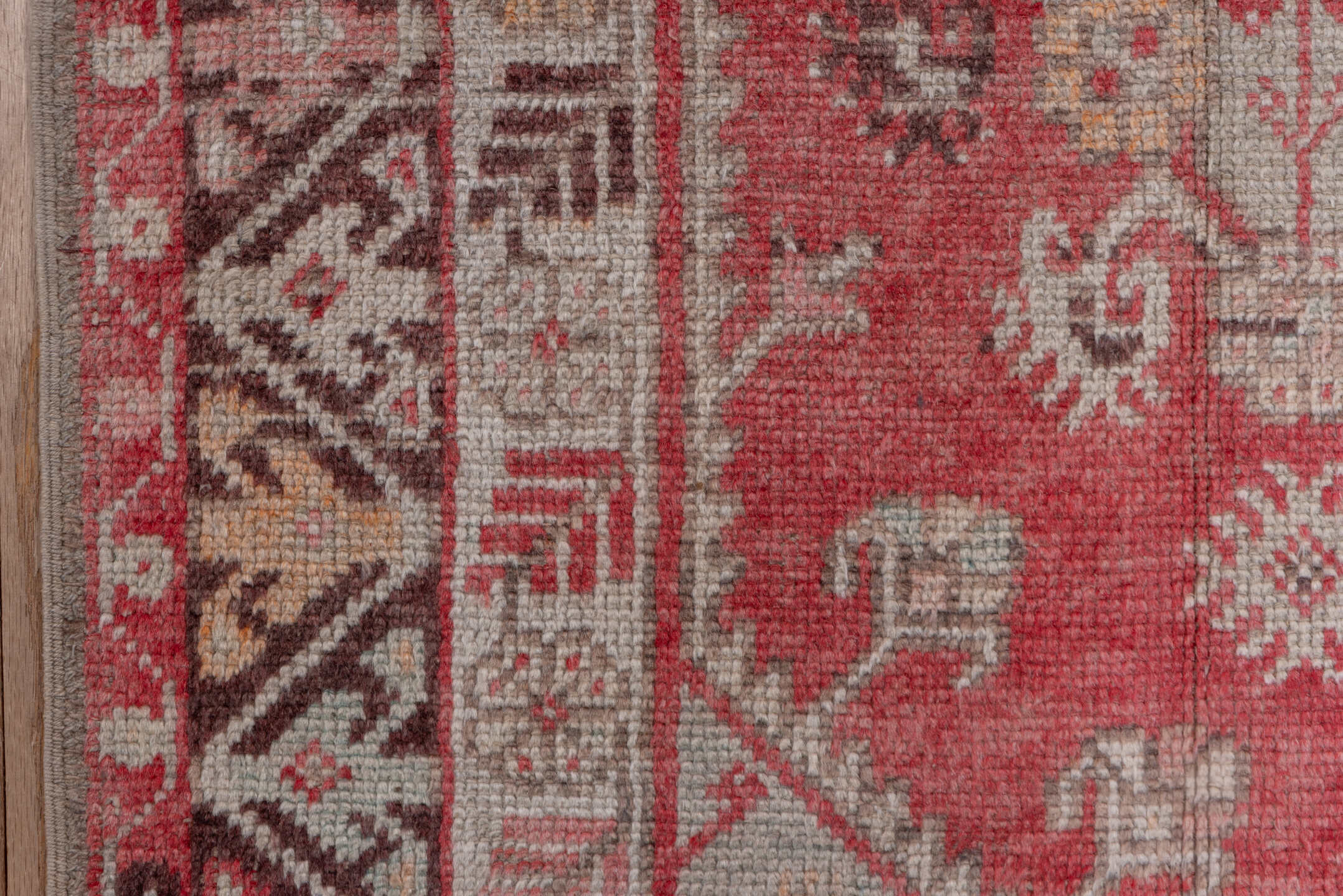 3' x 10' one-of-a-kind handmade vintage Oushak runner rug. Color palette: pink, gray, light gray, off-white, brown, red