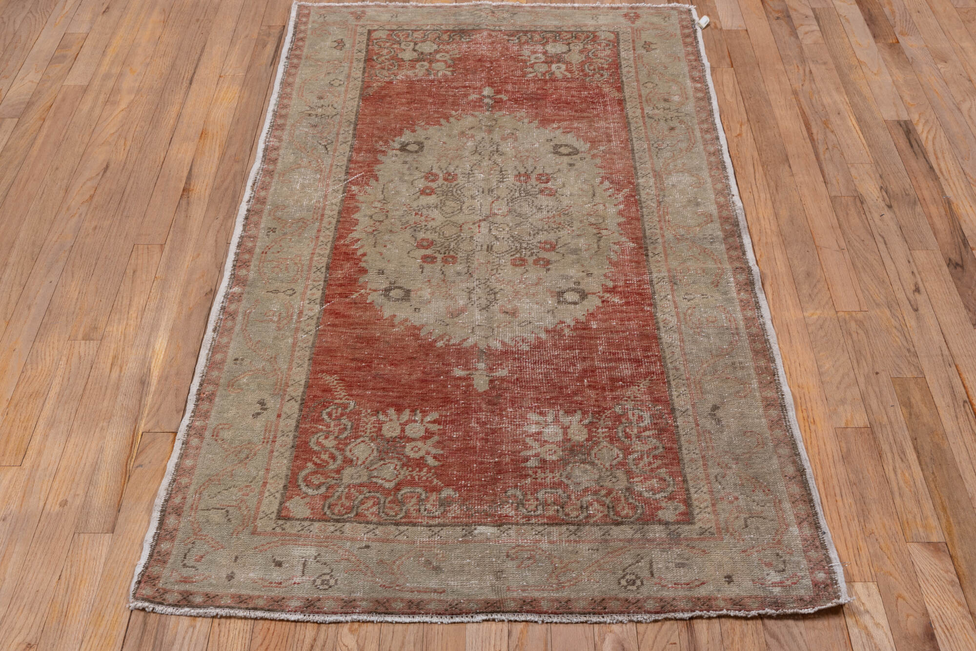 3' x 6' one-of-a-kind handmade vintage Oushak small size rug. Color palette: gainsboro, gray, light gray, off-white, pink