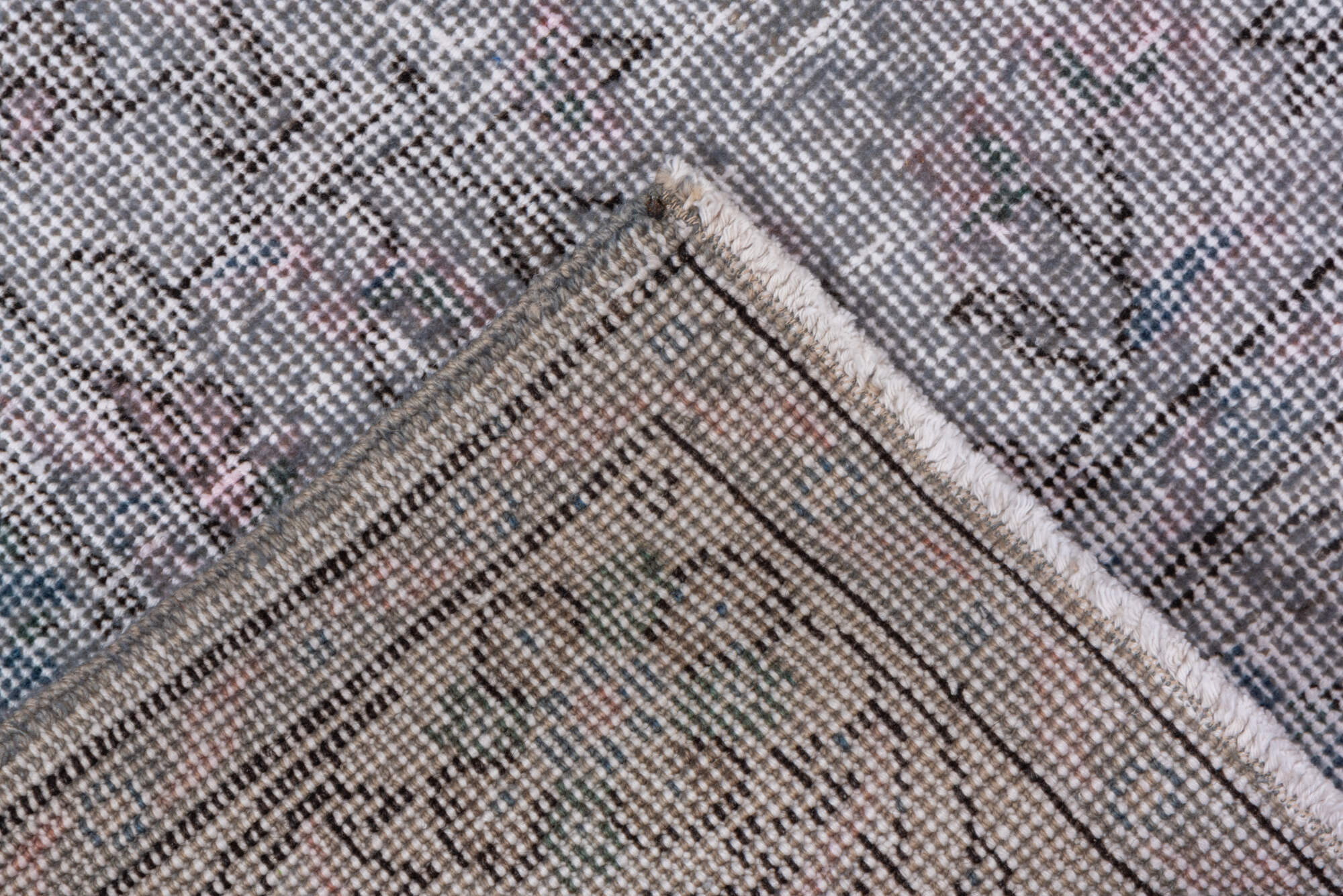 3' x 6' one-of-a-kind handmade vintage Overdyed small size rug. Color palette: dark gray, dim gray, gainsboro, gray