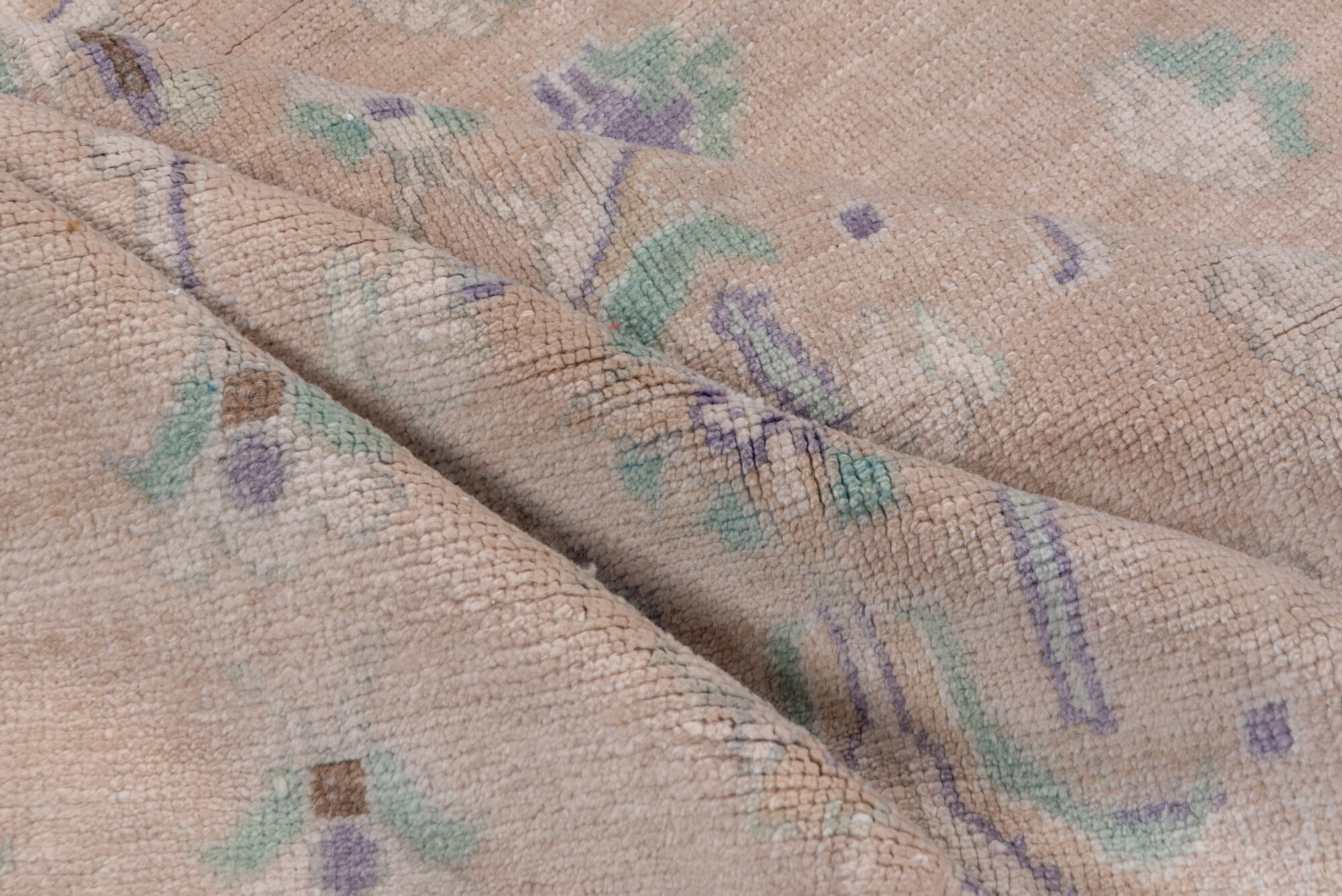 4' x 7' one-of-a-kind handmade vintage Oushak rug. Color palette: dark gray, gray, light gray, off-white, pink, snow, white