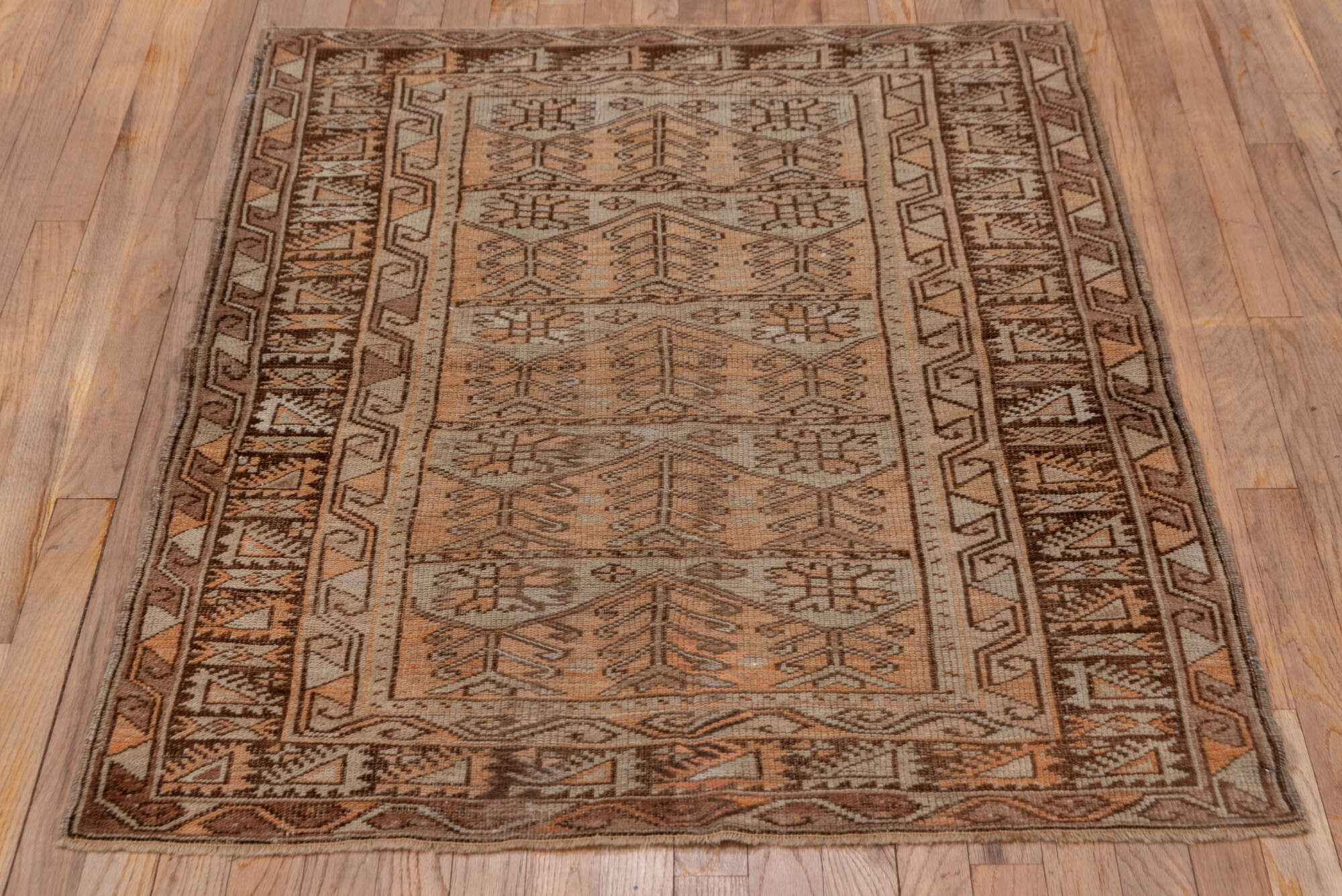 3' x 4' one-of-a-kind handmade vintage Oushak small size rug. Color palette: brown, gray, light gray, off-white, pink
