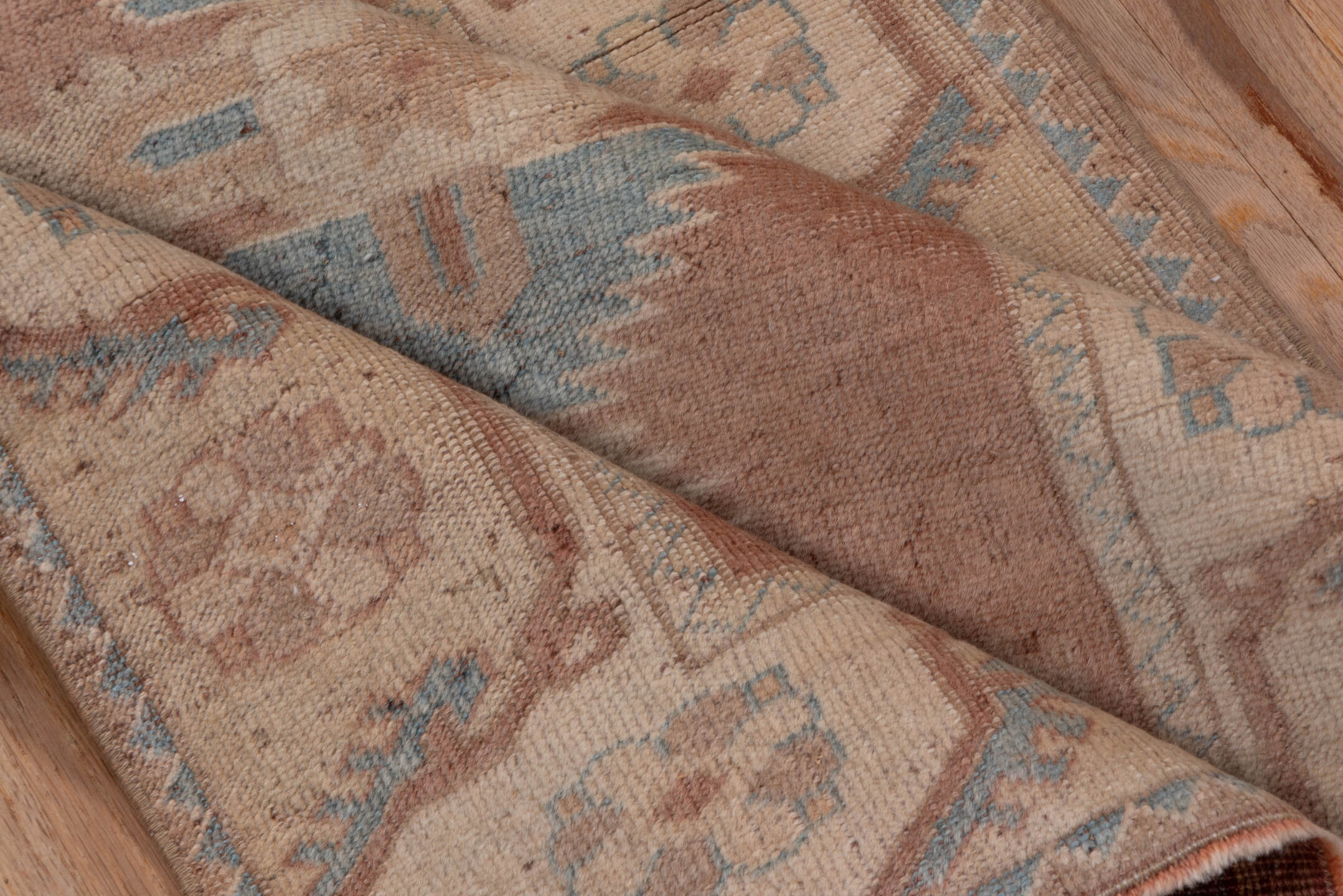 2' x 3' one-of-a-kind handmade vintage Oushak small size rug. Color palette: brown, gray, pink, light gray, off-white, white