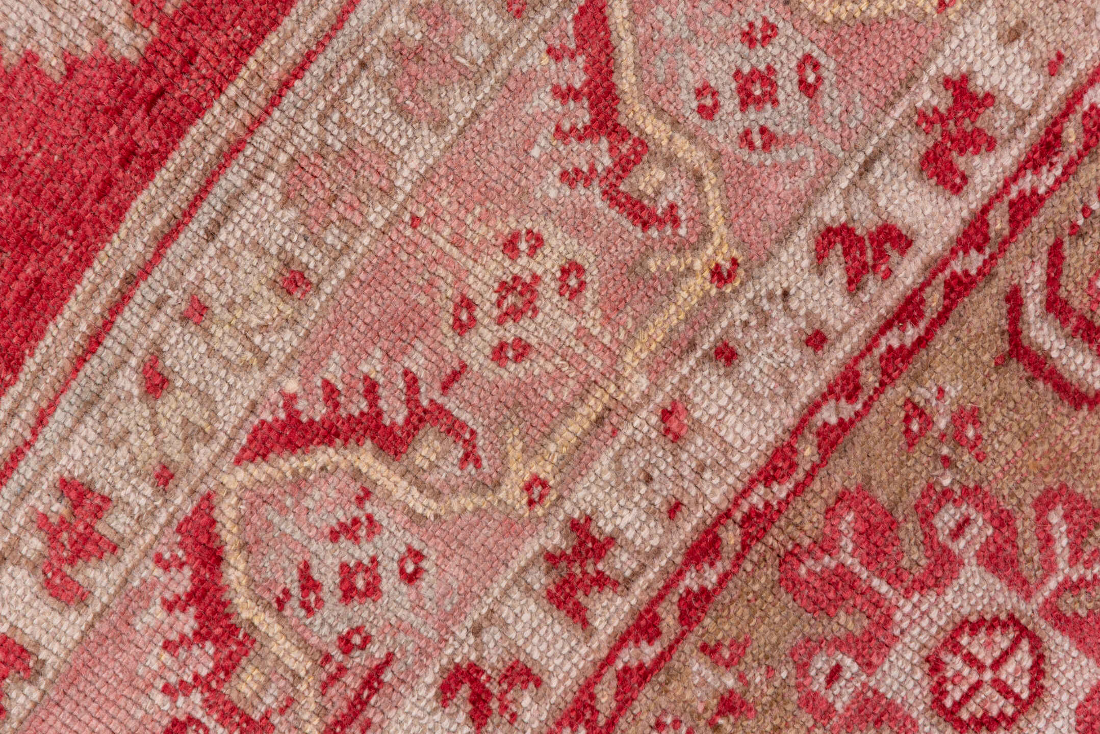 3' x 5' one-of-a-kind handmade vintage Oushak small size rug. Color palette: pink, gray, brown, red, light gray, off-white