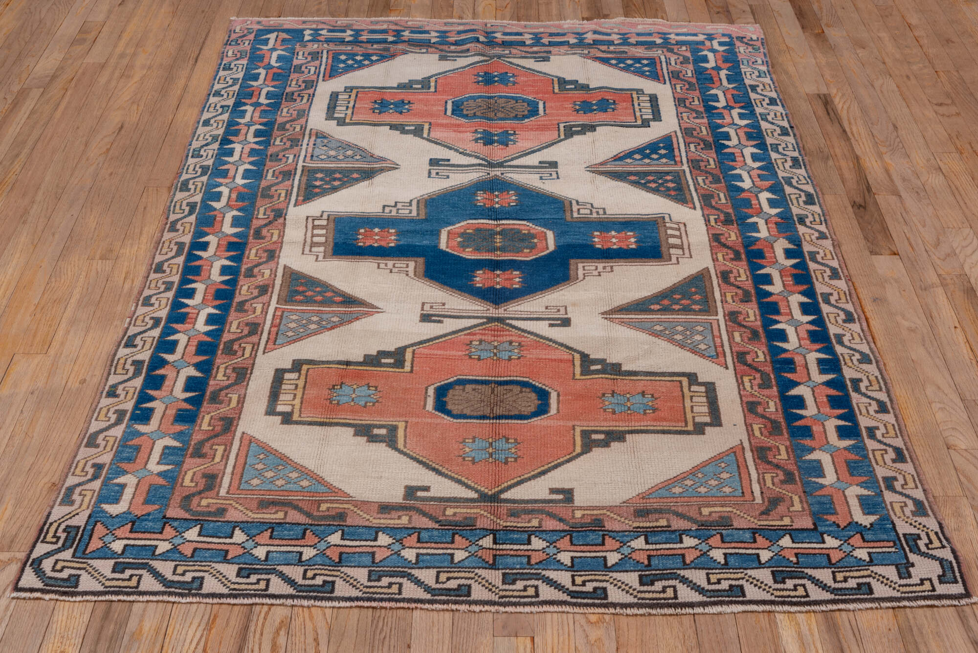 4' x 6' one-of-a-kind handmade vintage Oushak small size rug. Color palette: black, blue, brown, gray, light gray, off-white