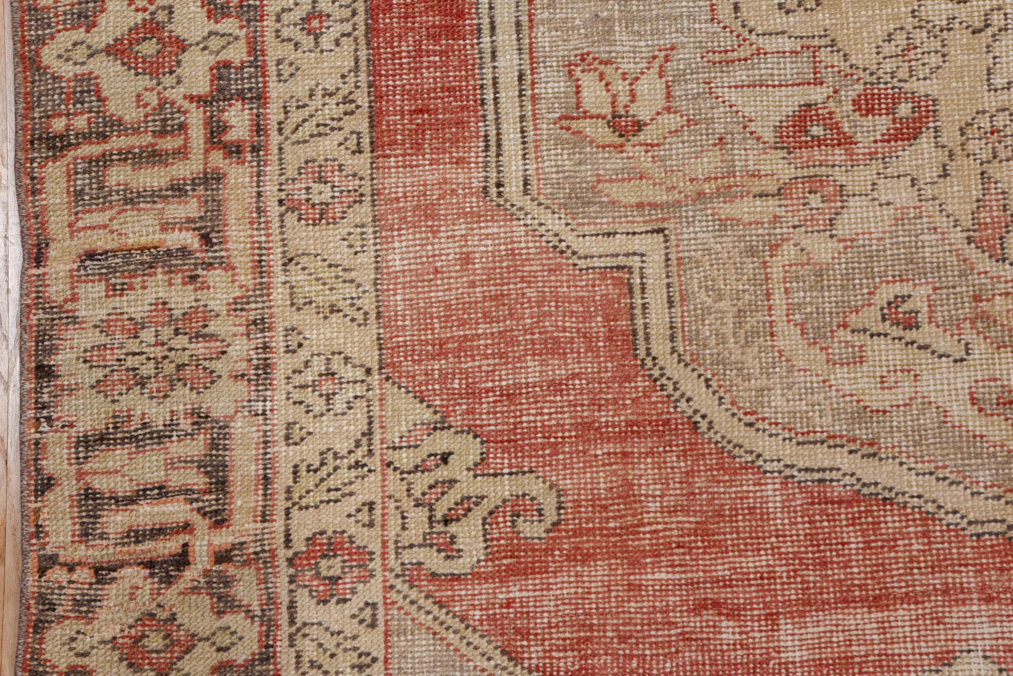 7' x 10' one-of-a-kind handmade vintage Oushak large size rug. Color palette: brown, gray, light gray, off-white, pink, red