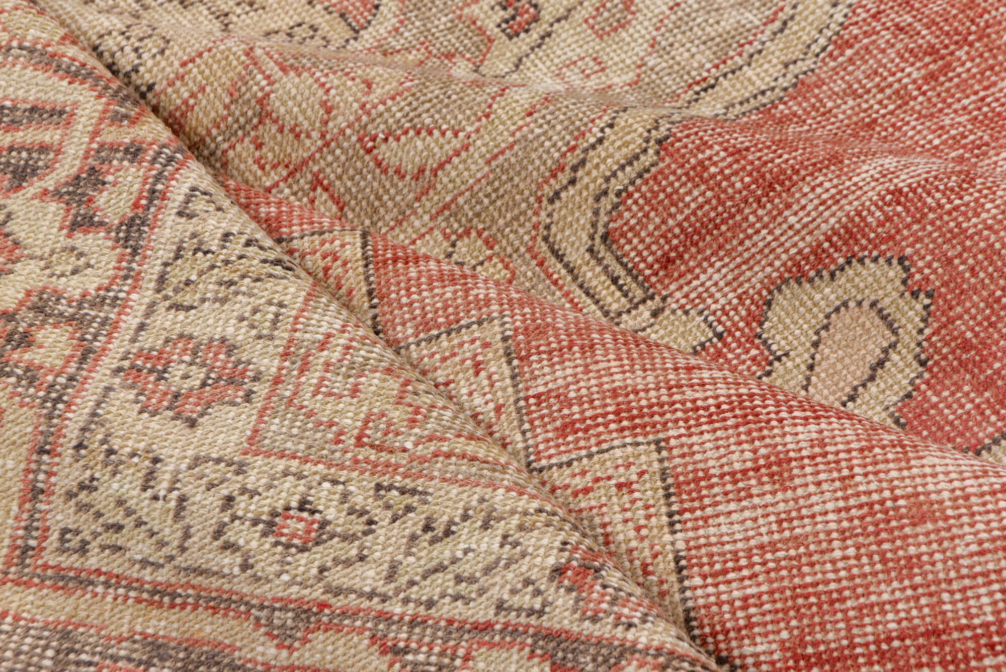 7' x 10' one-of-a-kind handmade vintage Oushak large size rug. Color palette: brown, gray, light gray, off-white, pink, red