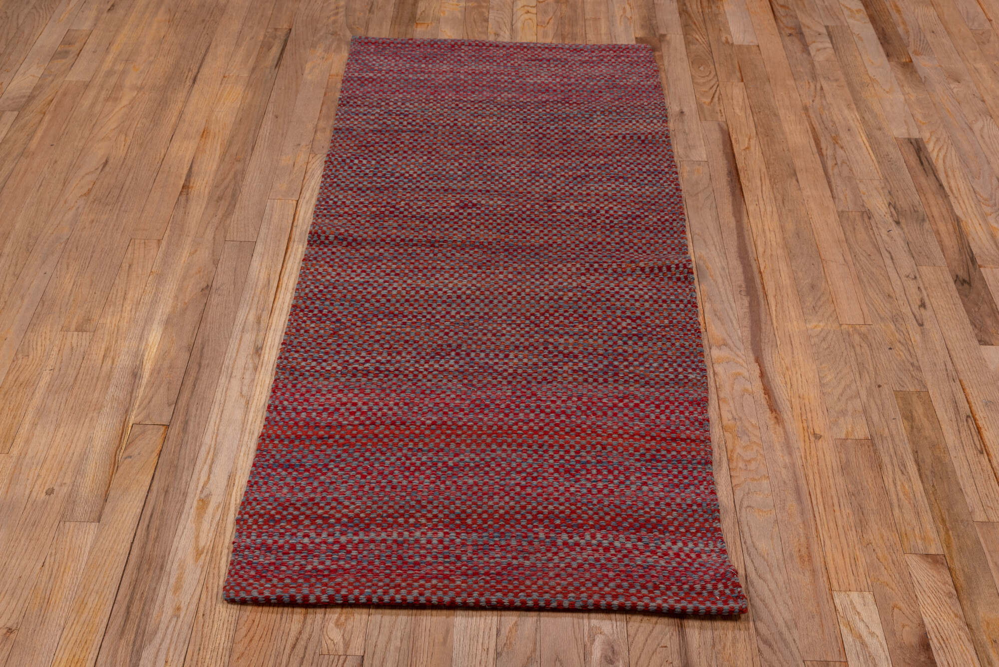 2' x 5' one-of-a-kind handmade vintage Kilim small size rug. Color palette: brown, gray, off-white, pink, red, redwood, snow
