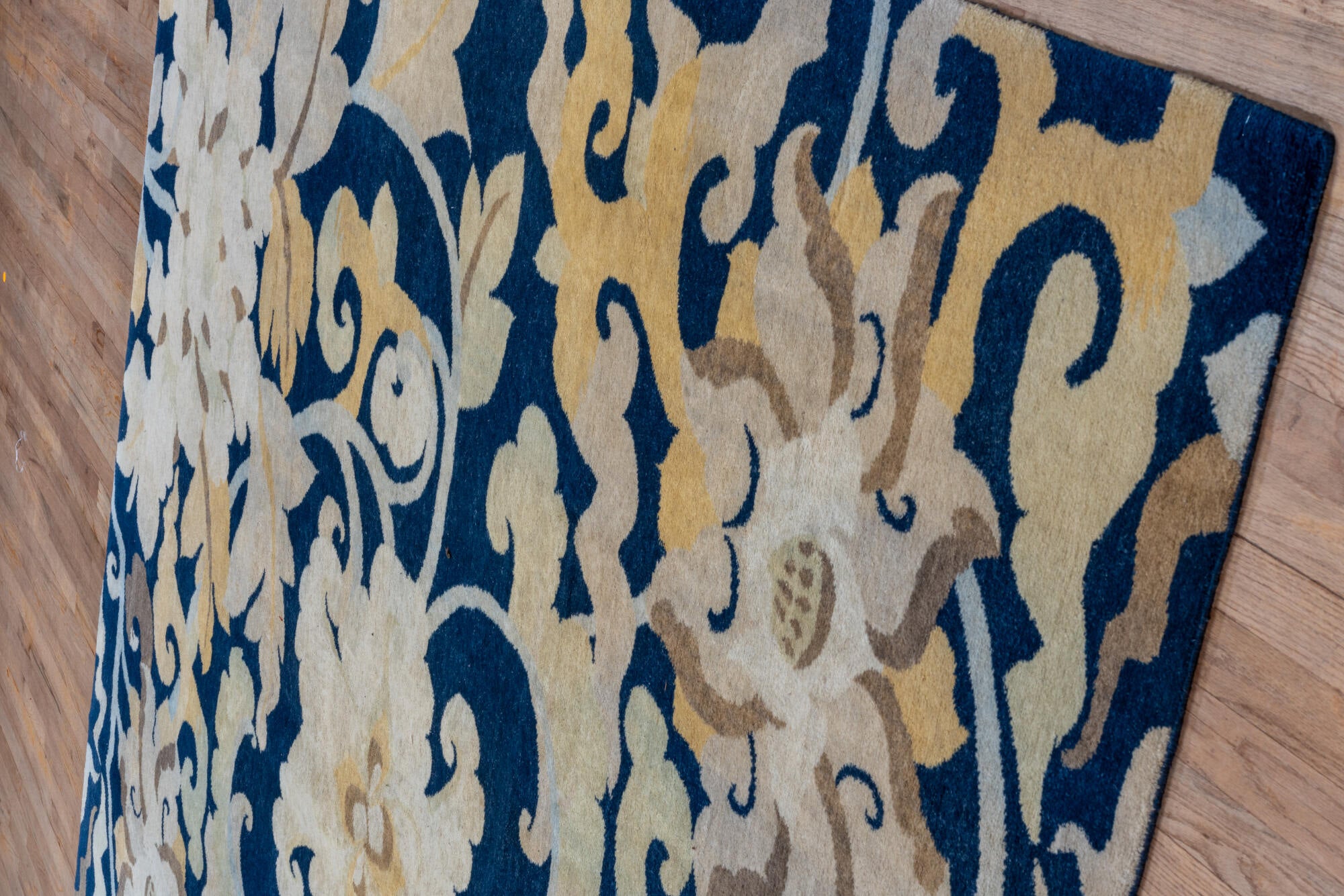 8' x 9' one-of-a-kind handmade vintage Tibetan rug. Color palette: blue, brown, fiord, gray, light gray, off-white, orange