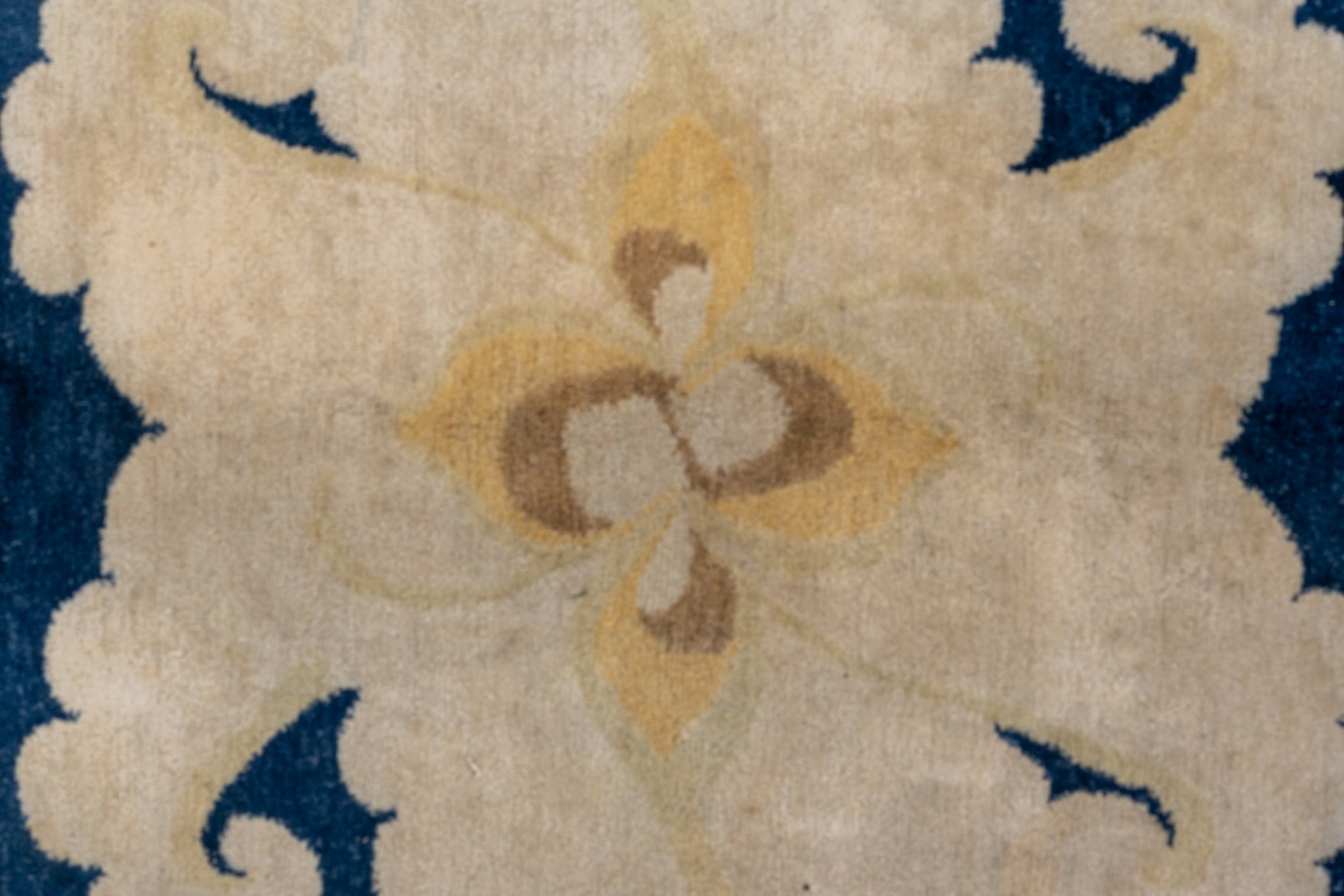 8' x 9' one-of-a-kind handmade vintage Tibetan rug. Color palette: blue, brown, fiord, gray, light gray, off-white, orange