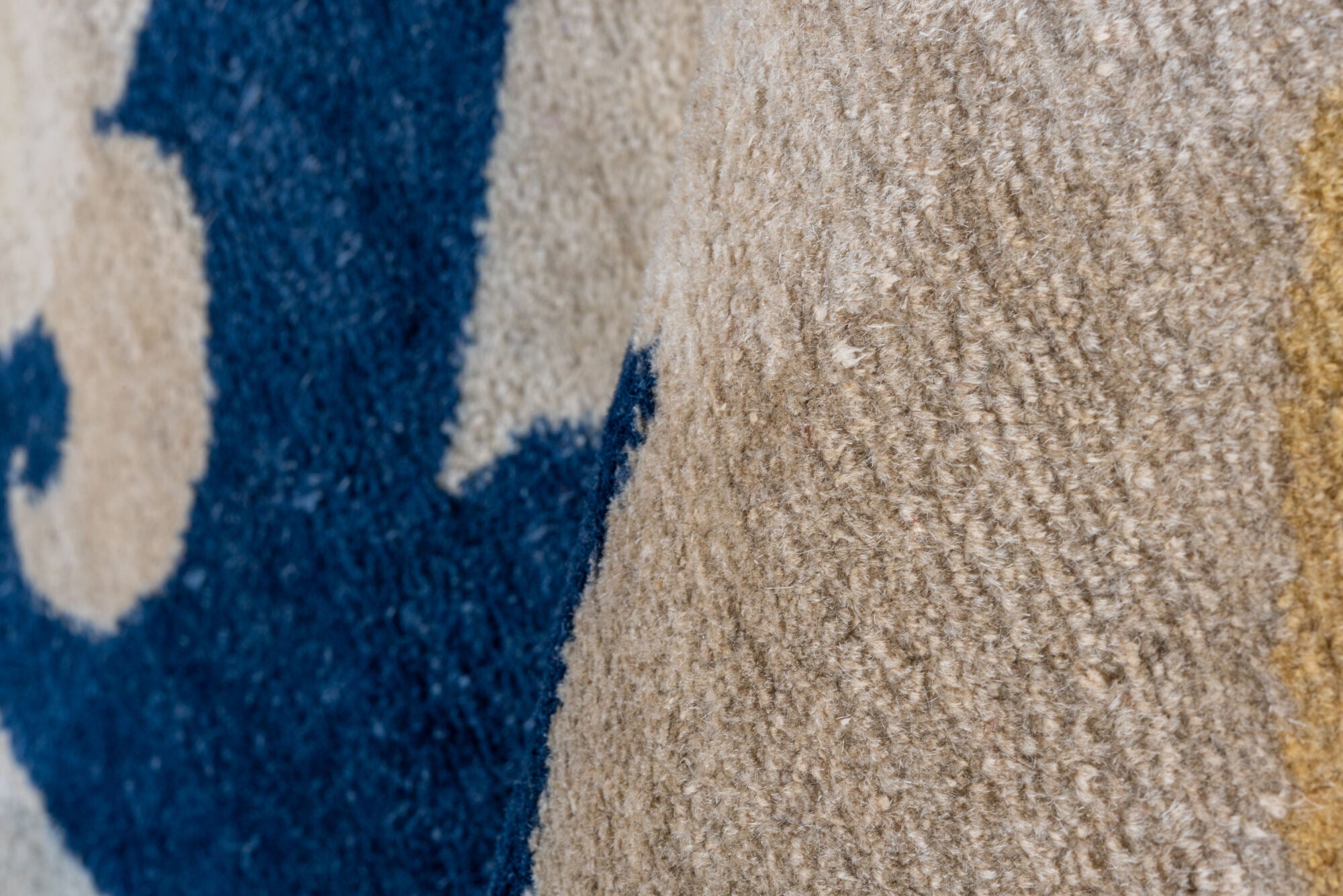 8' x 9' one-of-a-kind handmade vintage Tibetan rug. Color palette: blue, brown, fiord, gray, light gray, off-white, orange