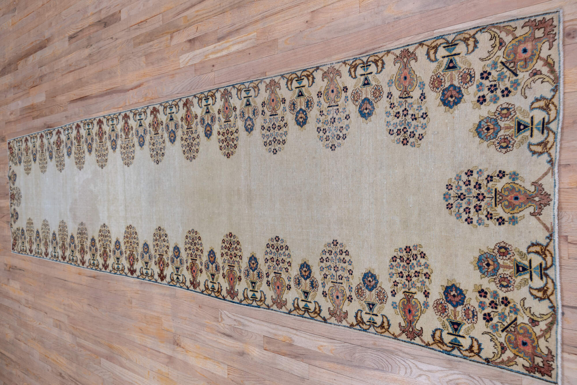2' x 13' one-of-a-kind handmade vintage Tabriz runner rug. Color palette: black, brown, dim gray, gray