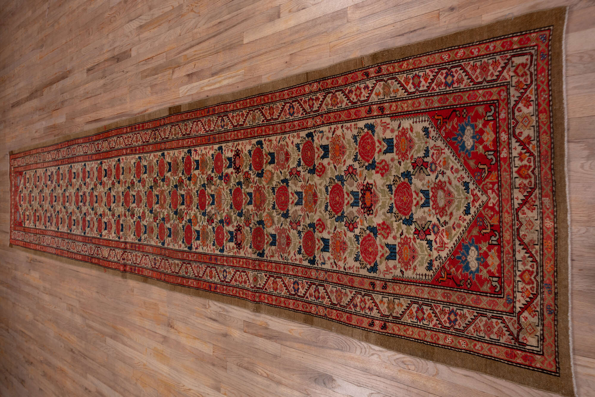 3' x 17' one-of-a-kind handmade vintage Malayer runner rug. Color palette: blue, brown, gray, pink, red