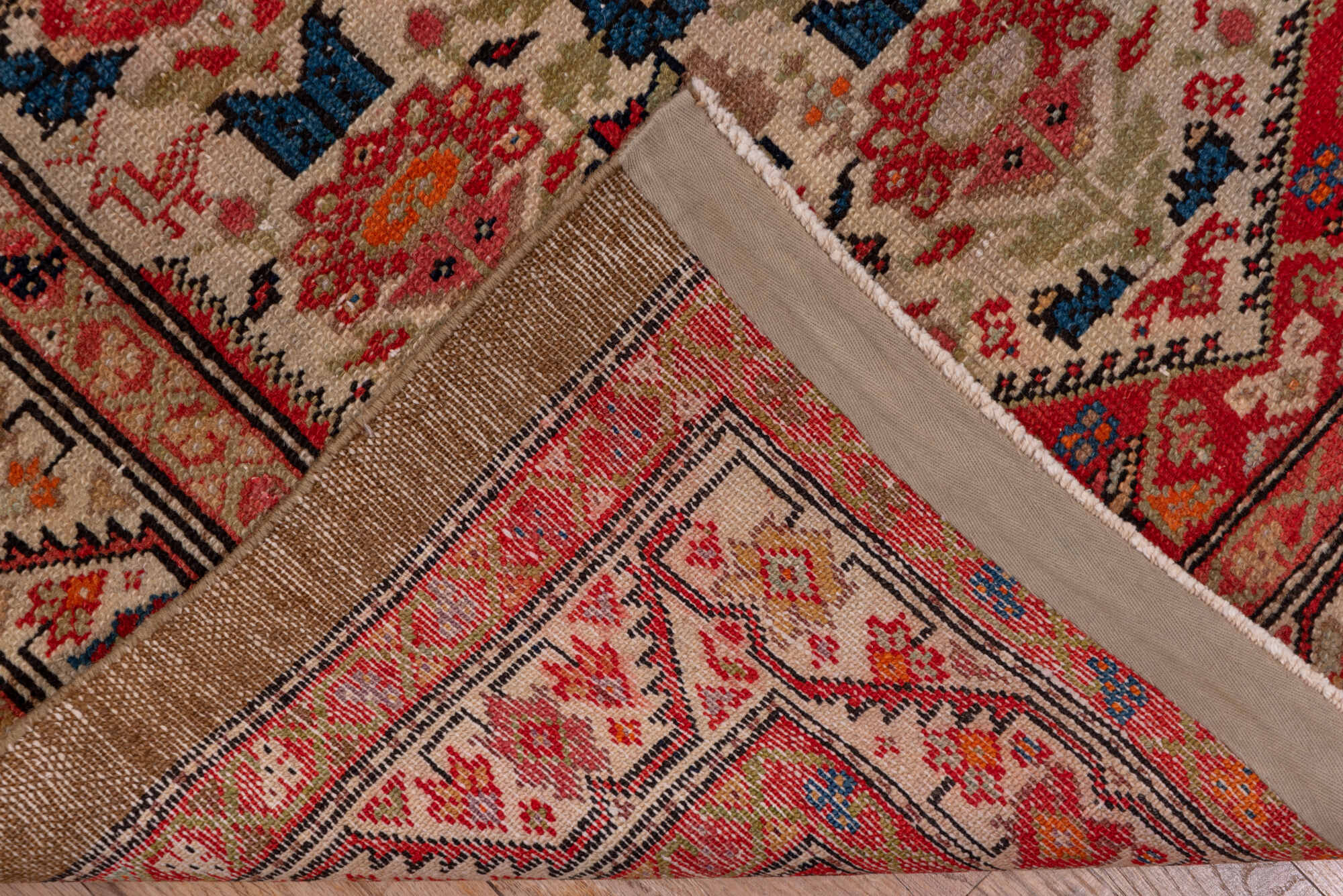 3' x 17' one-of-a-kind handmade vintage Malayer runner rug. Color palette: blue, brown, gray, pink, red