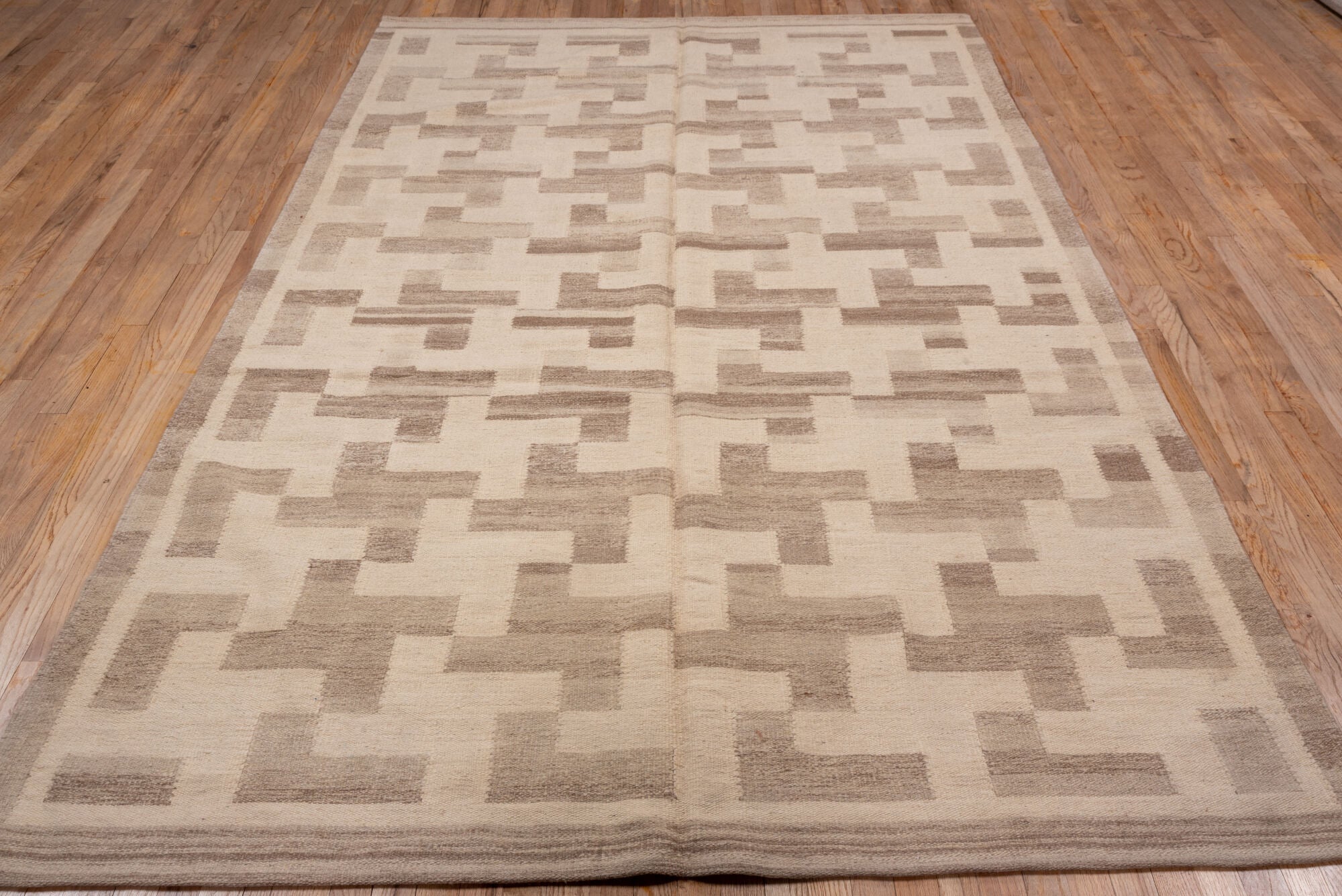 6' x 10' one-of-a-kind handmade vintage Kilim large size rug. Color palette: brown, gray, light gray, off-white, orange