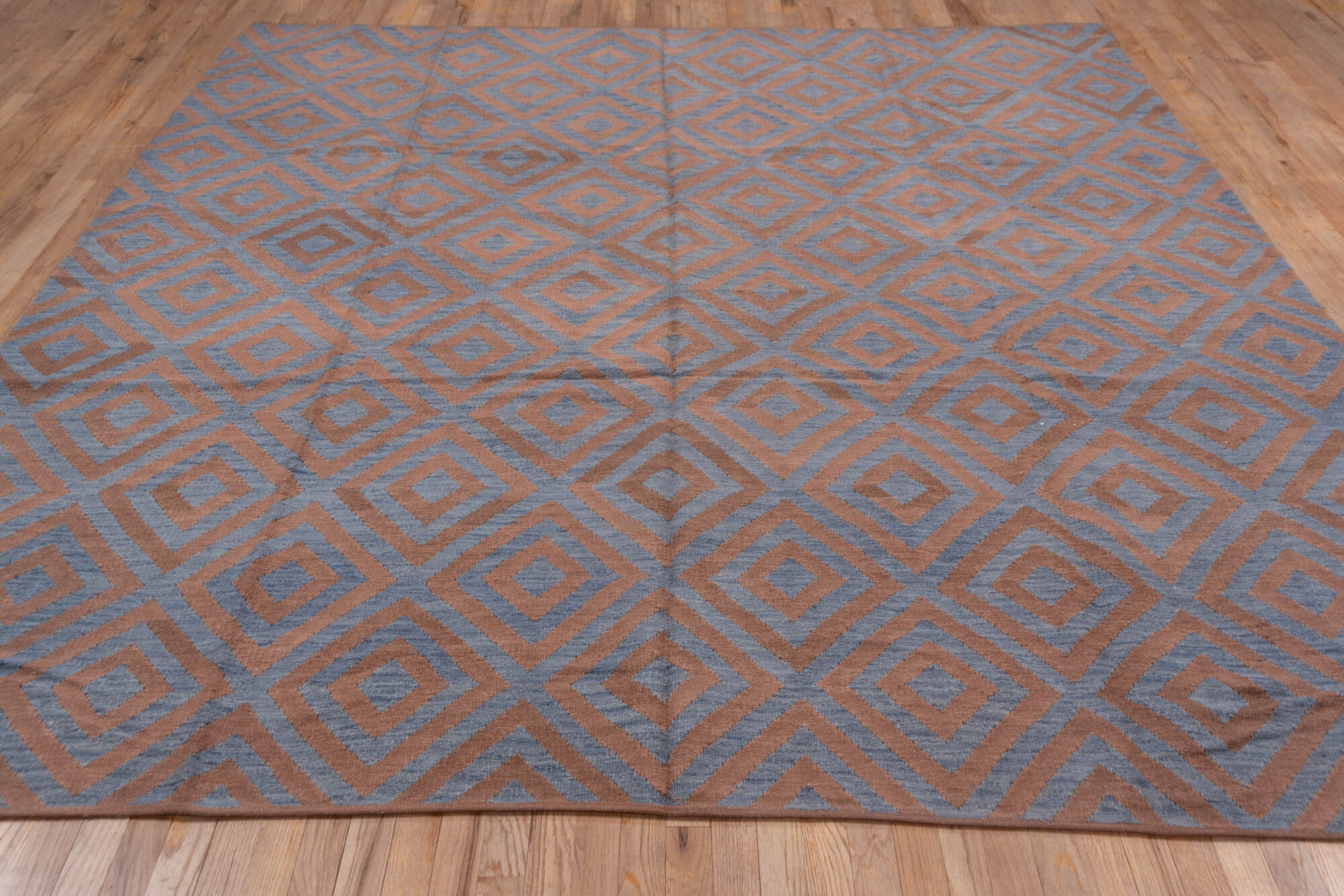 8' x 10' one-of-a-kind handmade vintage Kilim large size rug. Color palette: blue, brown, dim gray, gray, light gray