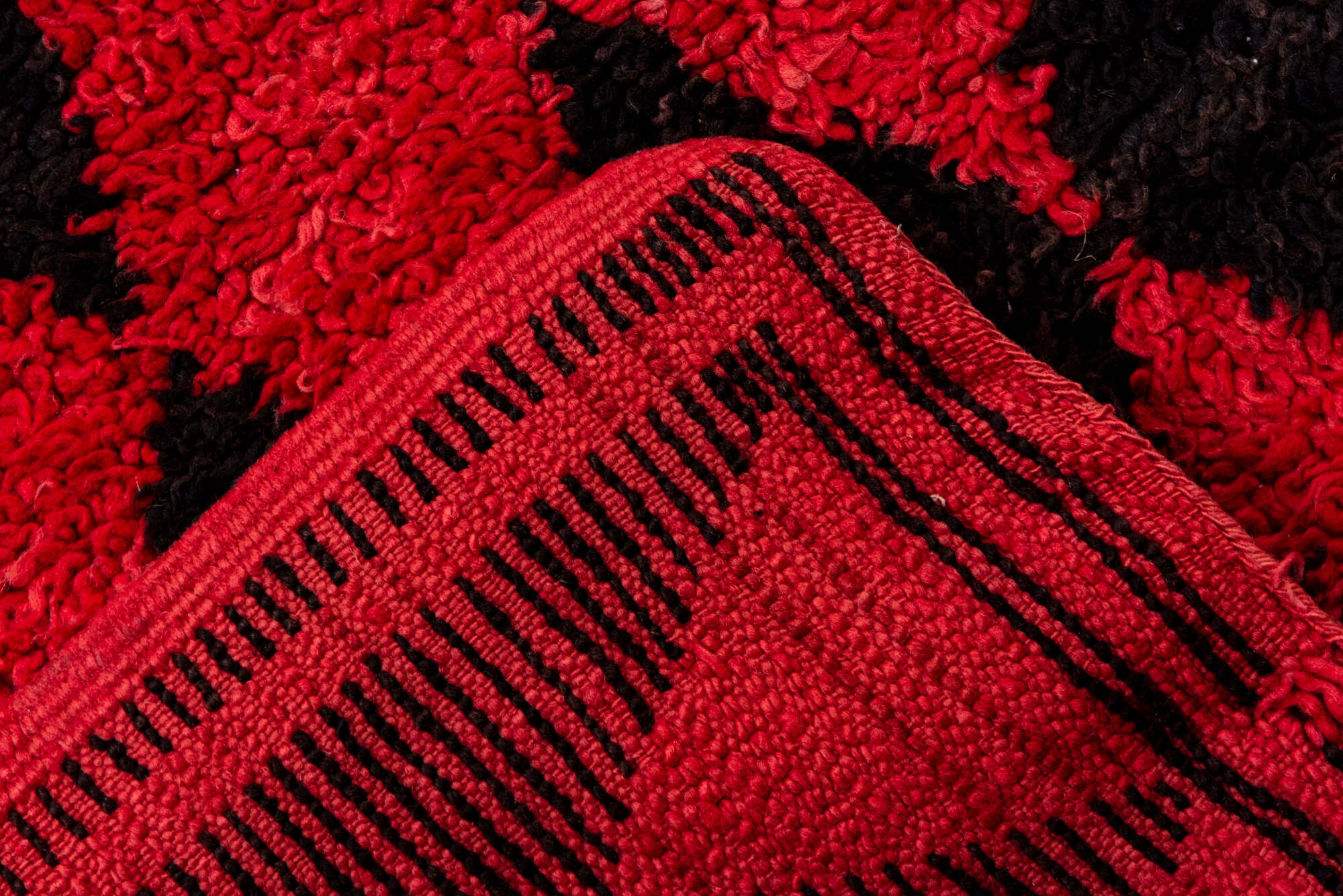 3' x 11' one-of-a-kind handmade vintage Moroccan runner rug. Color palette: brown, indian red, pink, red, redwood