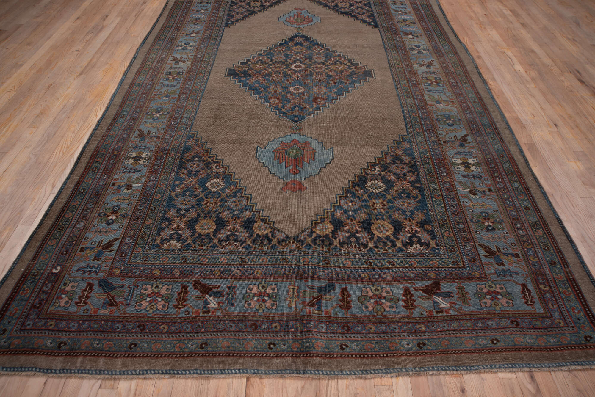 7' x 12' one-of-a-kind handmade vintage Bidjar large size rug. Color palette: black, blue, brown, charcoal, dim gray, gray