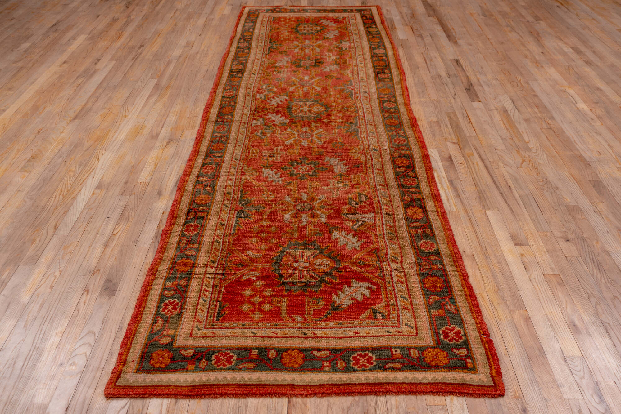3' x 13' one-of-a-kind handmade vintage Oushak runner rug. Color palette: brown, gray, pink