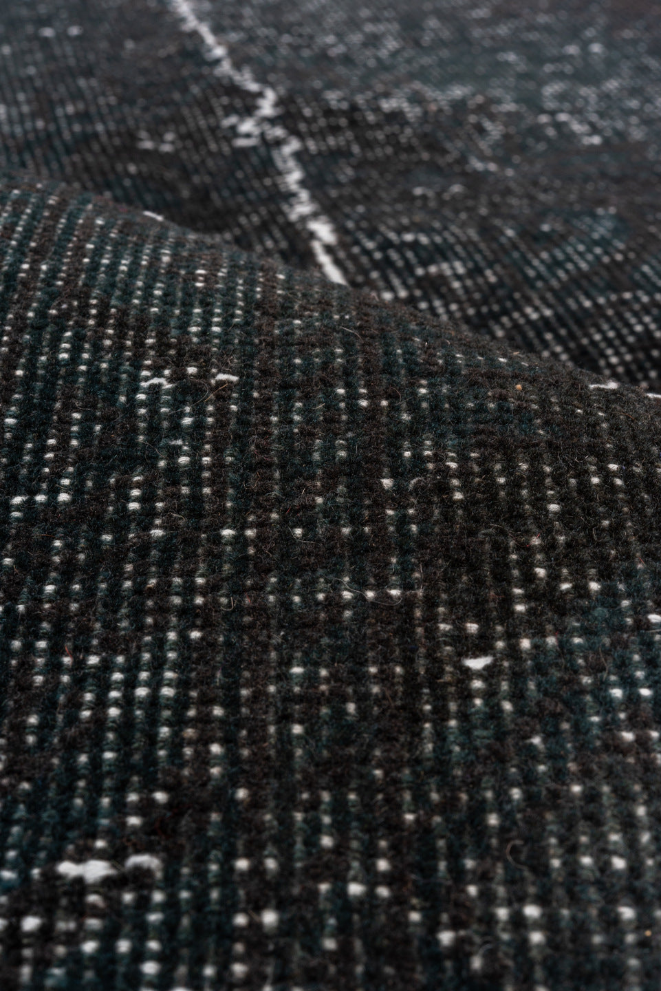 4' x 11' one-of-a-kind handmade vintage Overdyed runner rug. Color palette: gray, blue, light gray, off-white, black