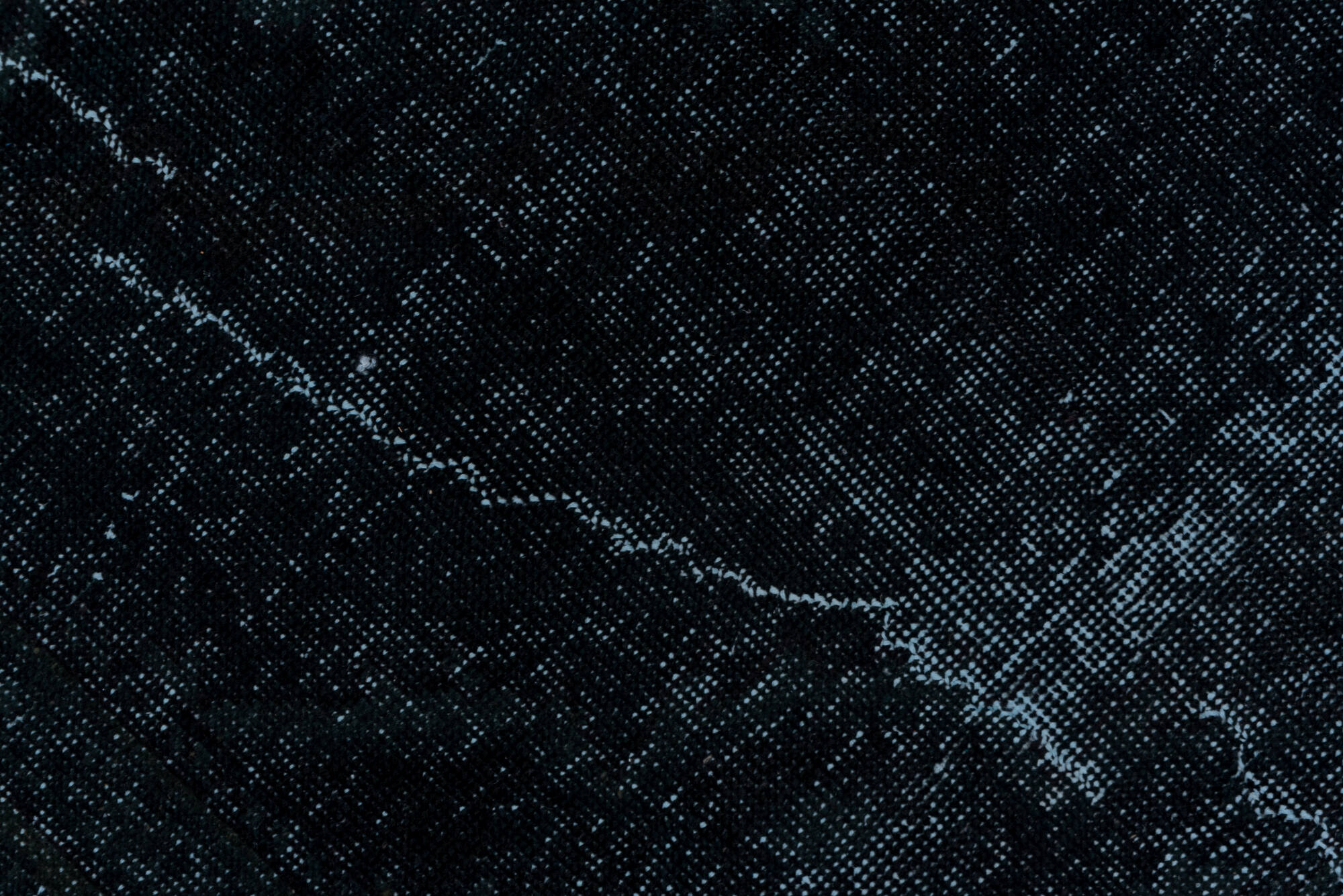 4' x 11' one-of-a-kind handmade vintage Overdyed runner rug. Color palette: black, blue, charcoal, gray, light blue