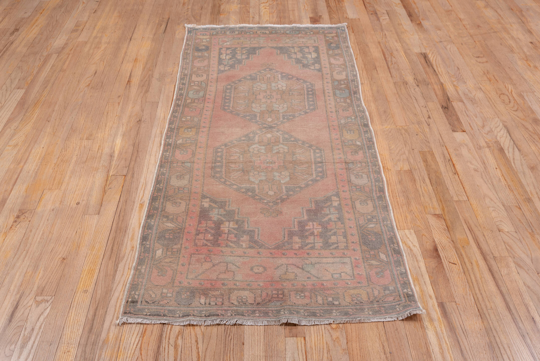 2' x 6' one-of-a-kind handmade vintage Oushak runner rug. Color palette: brown, gray, light gray, off-white, pink, snow