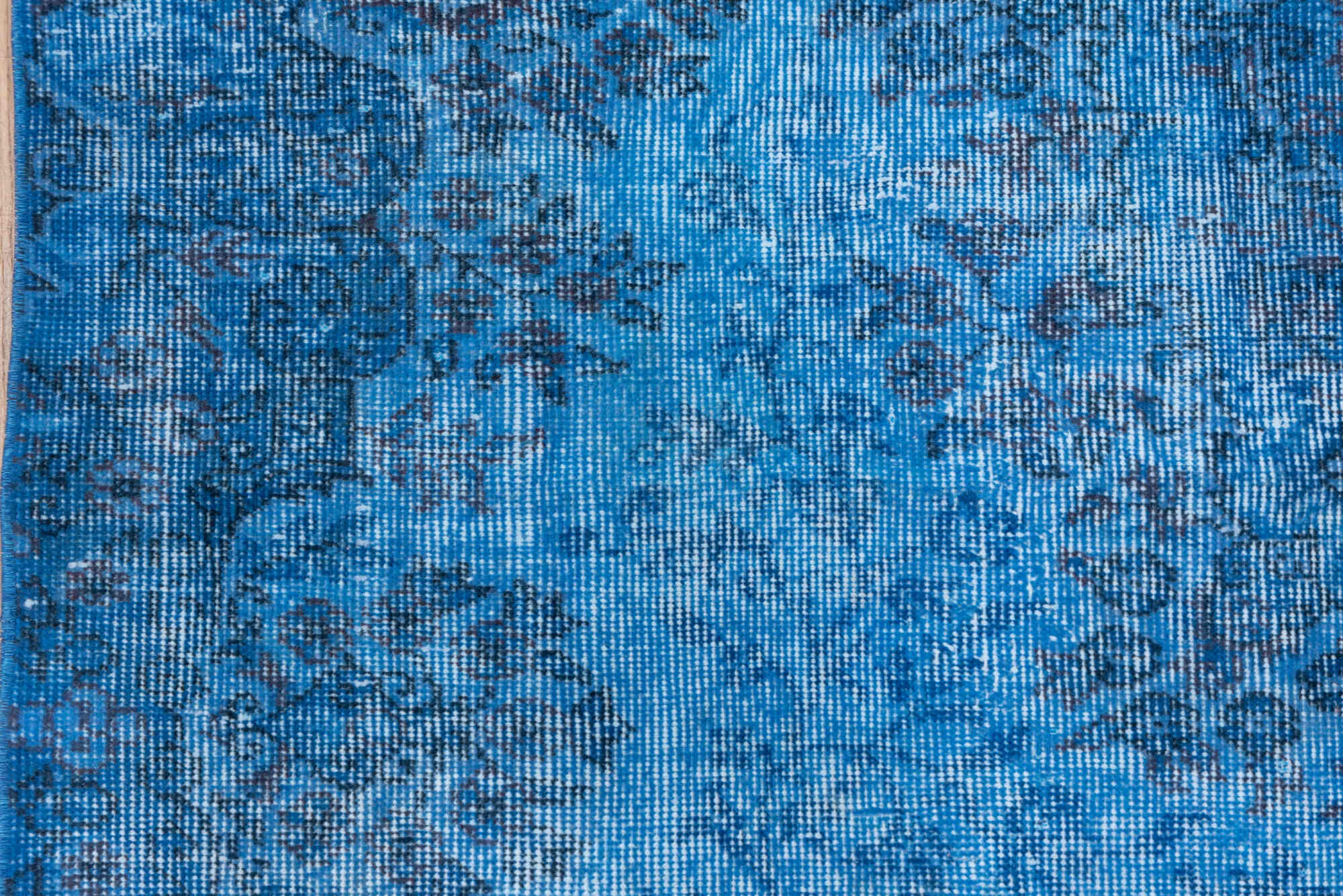 5' x 8' one-of-a-kind handmade vintage Overdyed medium size rug. Color palette: blue, gray, light blue, light steel blue