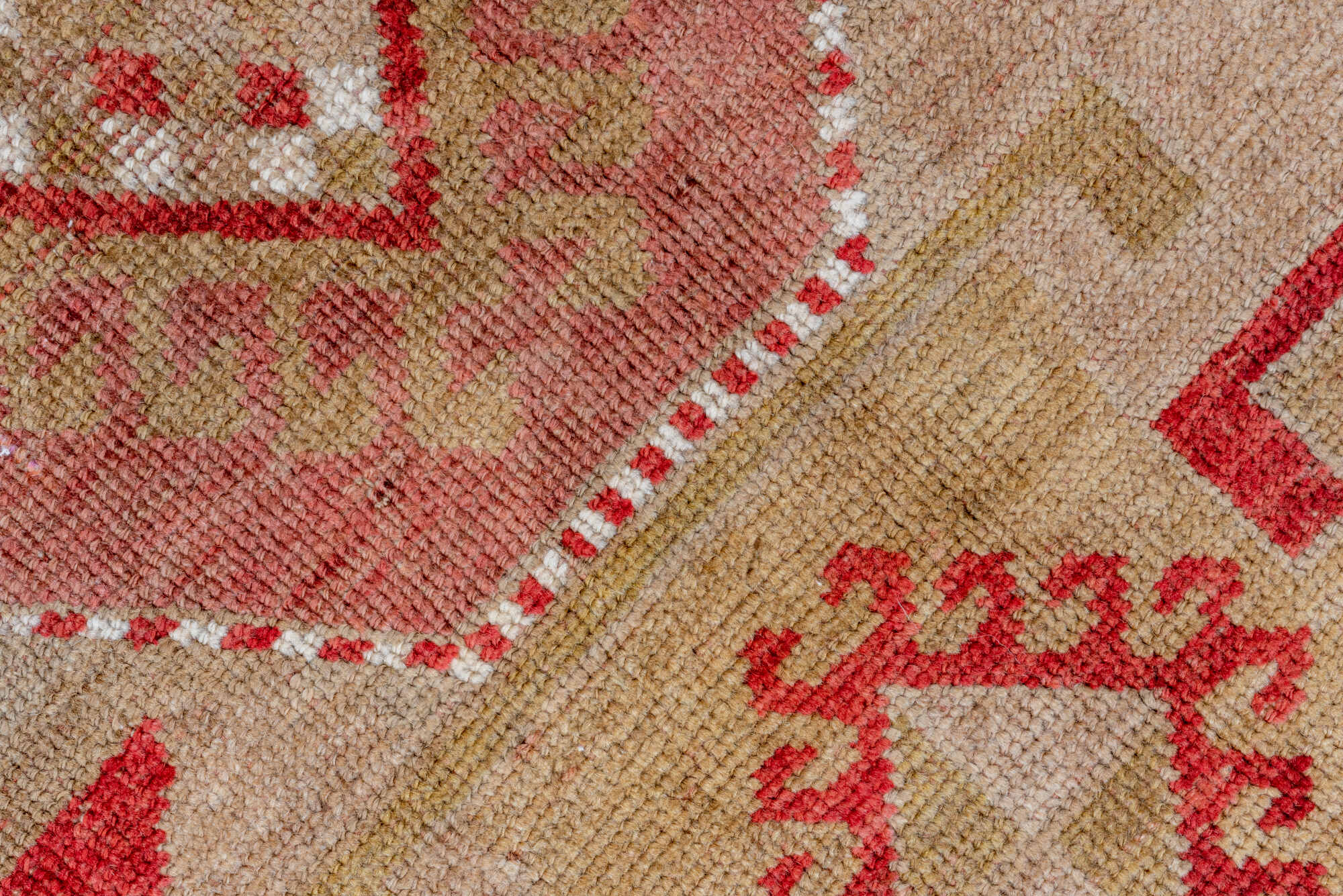 4' x 7' one-of-a-kind handmade vintage Caucasian rug. Color palette: brown, gray, light gray, off-white, pink, red
