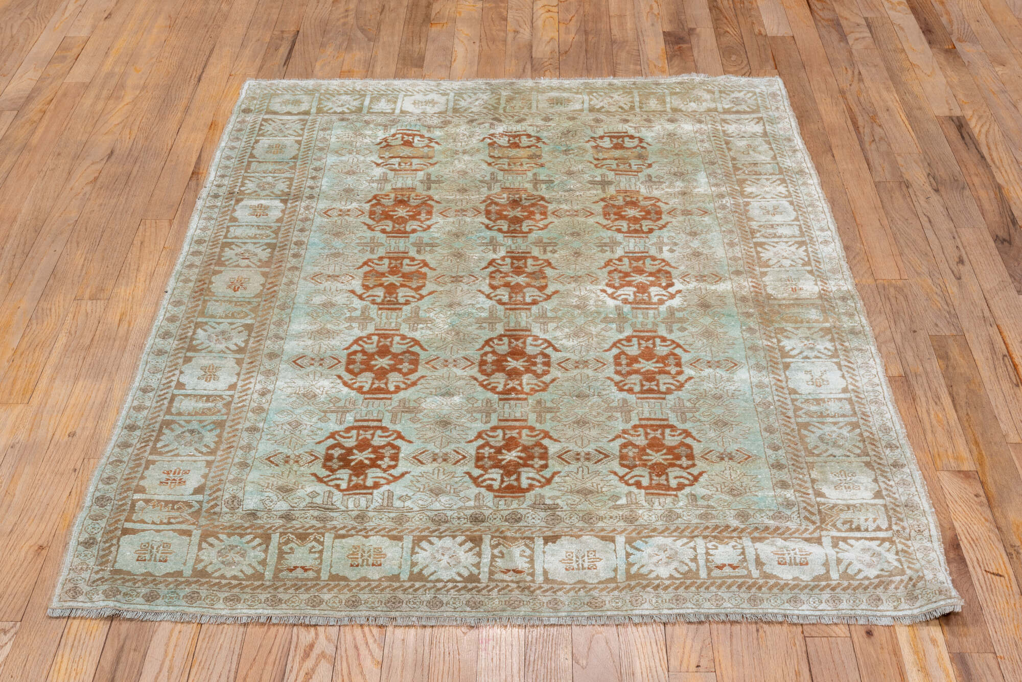 3' x 5' one-of-a-kind handmade vintage Kaisary small size rug. Color palette: brown, gray, light gray, off-white