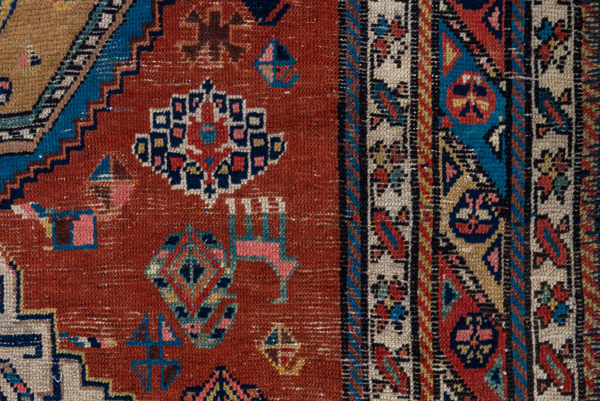 3' x 13' one-of-a-kind handmade vintage NW Persian runner rug. Color palette: gray, blue, black, brown, red