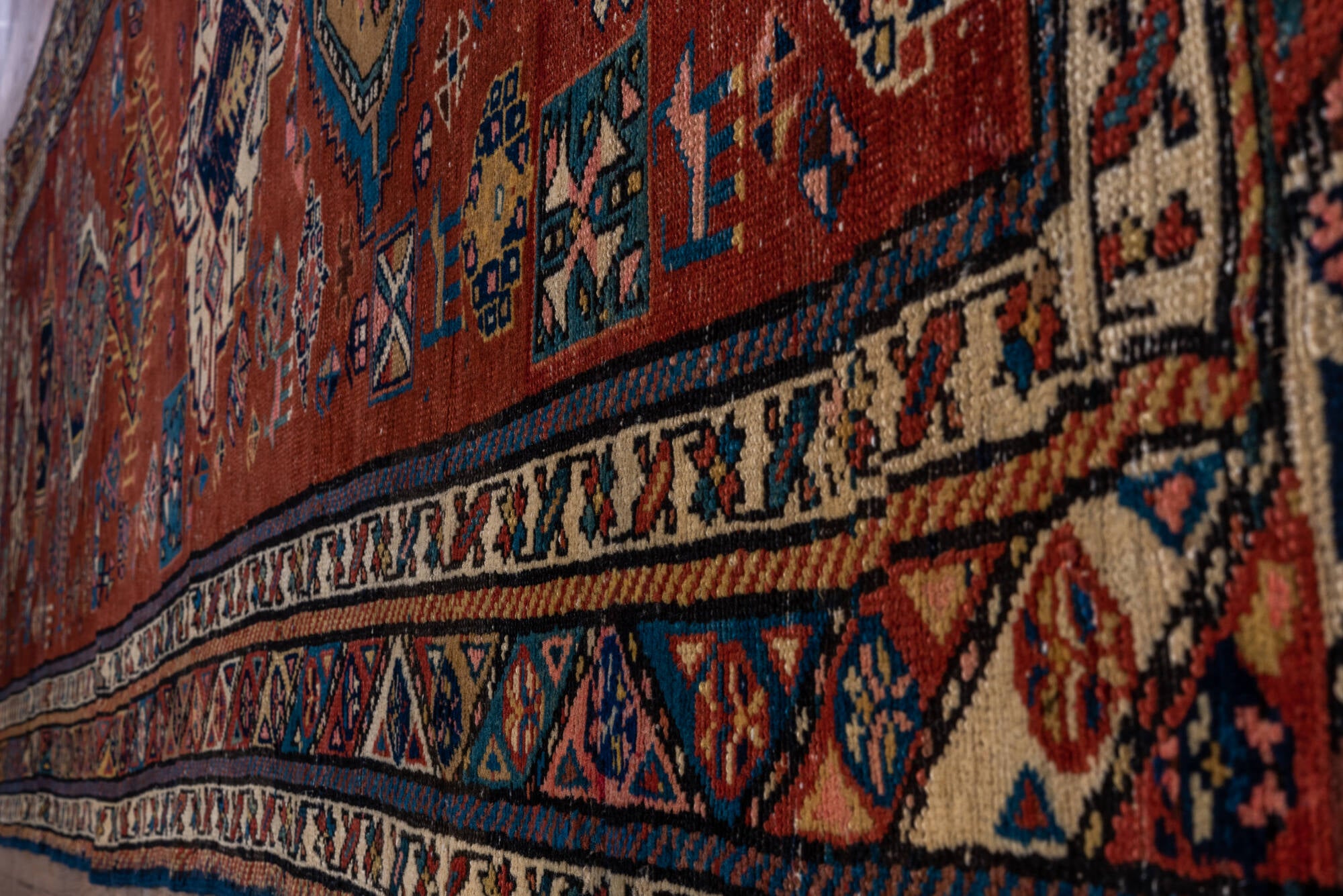 3' x 13' one-of-a-kind handmade vintage NW Persian runner rug. Color palette: gray, blue, black, brown, red