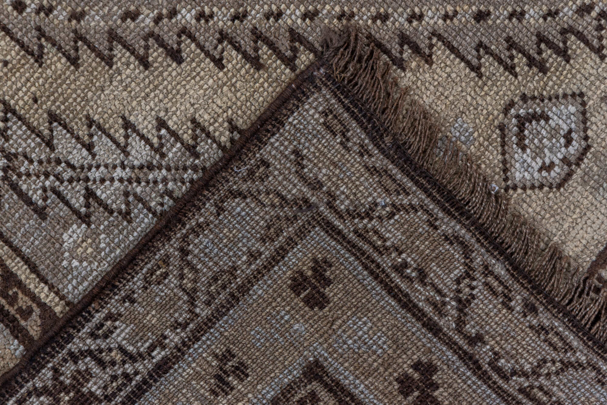 3' x 12' one-of-a-kind handmade vintage Karabagh runner rug. Color palette: brown, gray, off-white, snow, white, whitesmoke