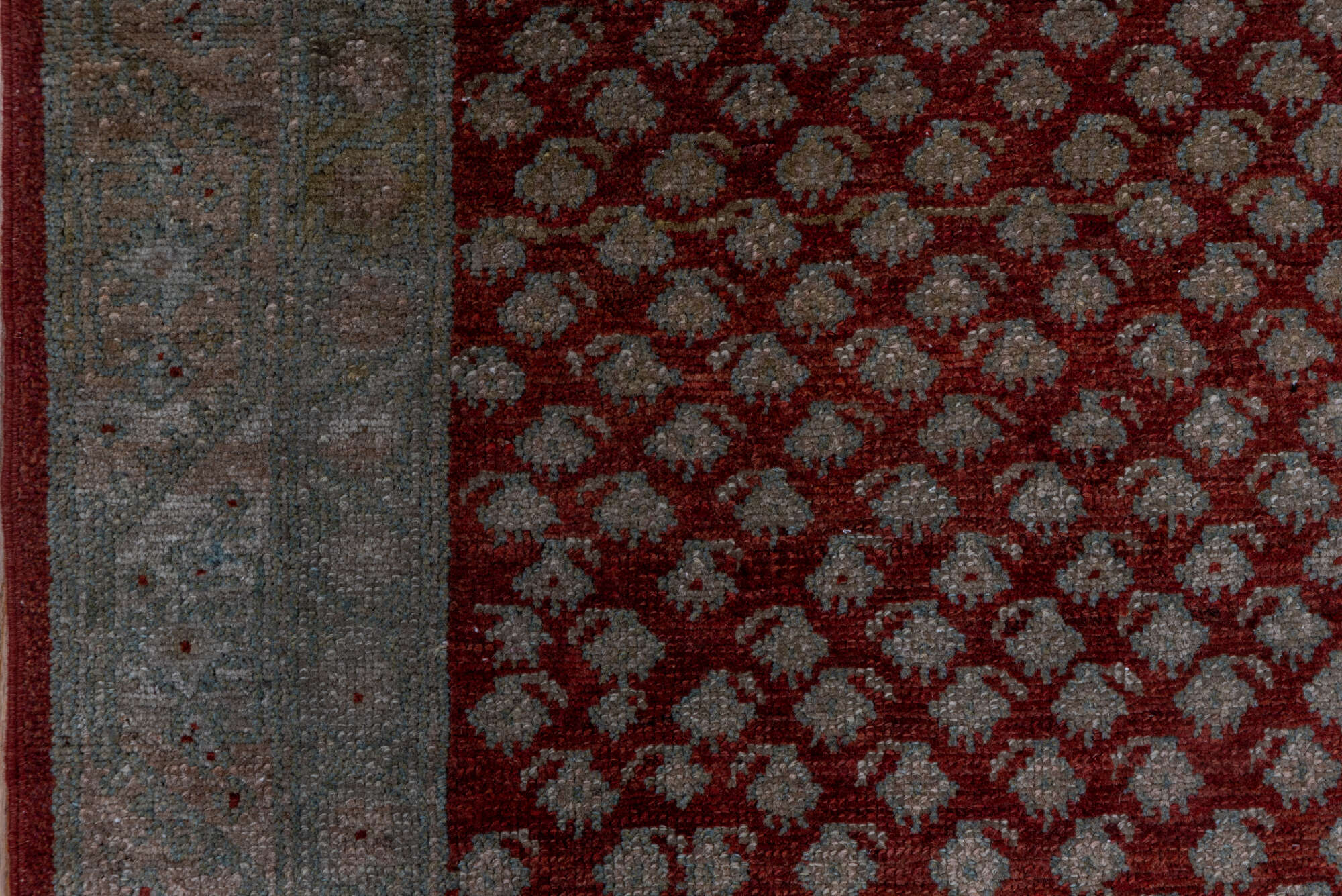 3' x 10' one-of-a-kind handmade vintage Saraband runner rug. Color palette: brown, gray, off-white, red, redwood, snow