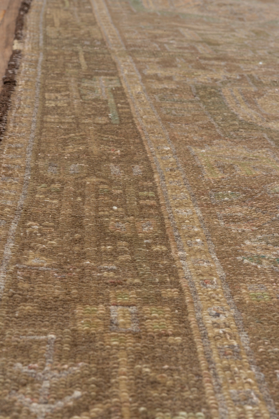 3' x 12' one-of-a-kind handmade vintage Karaje runner rug. Color palette: off-white, gray, brown, light gray, white, snow