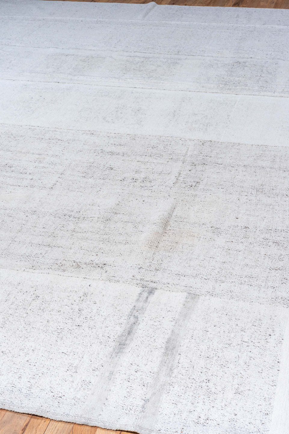 8' x 12' one-of-a-kind handmade vintage Flatweave large size rug. Color palette: gray, light gray, off-white, light blue