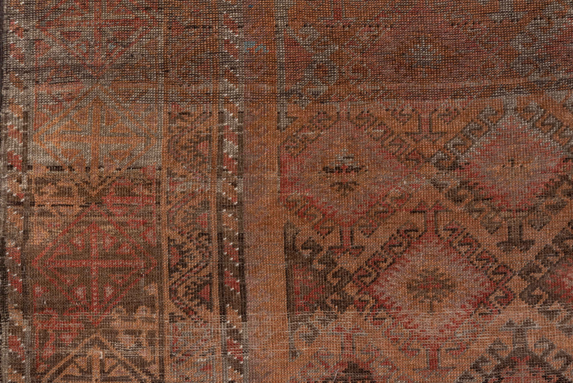 6' x 12' one-of-a-kind handmade vintage Belouch large size rug. Color palette: brown, gray, pink