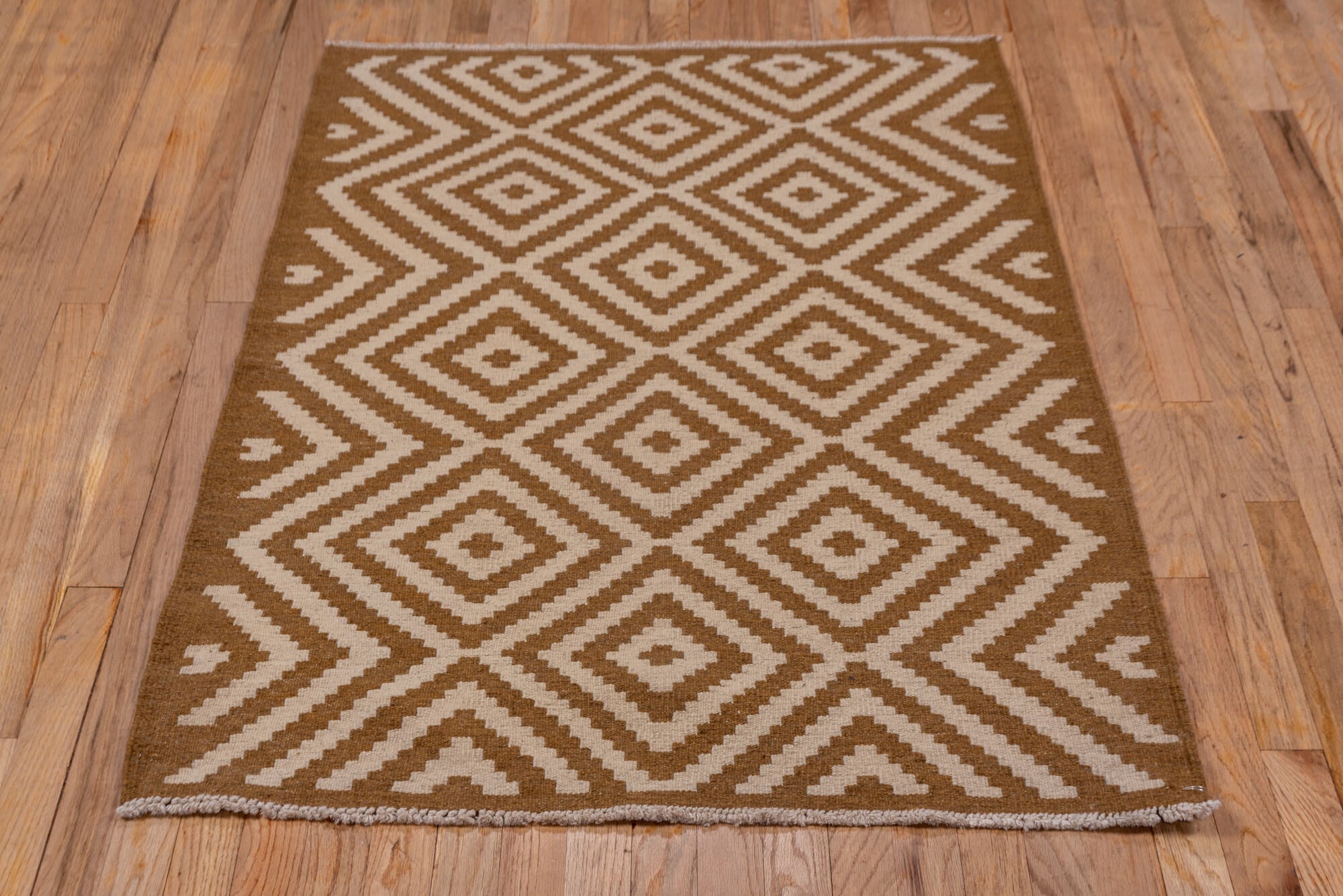 3' x 5' one-of-a-kind handmade vintage Kilim small size rug. Color palette: brown, gray, light gray, off-white, pink, snow