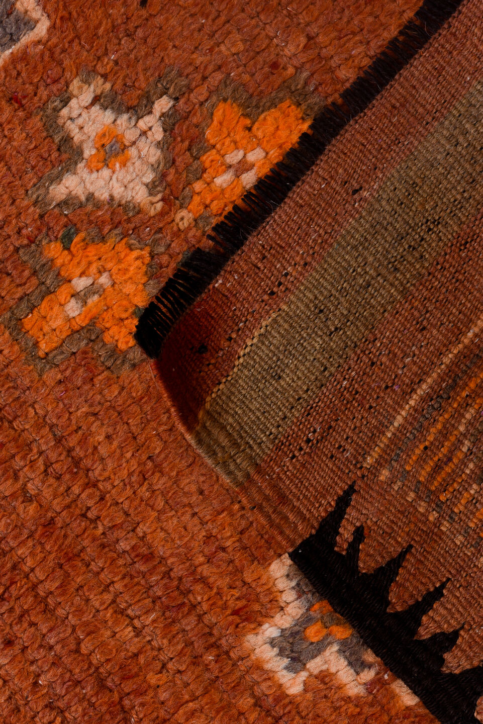 6' x 11' one-of-a-kind handmade vintage Moroccan large size rug. Color palette: brown, pink, off-white, red, black