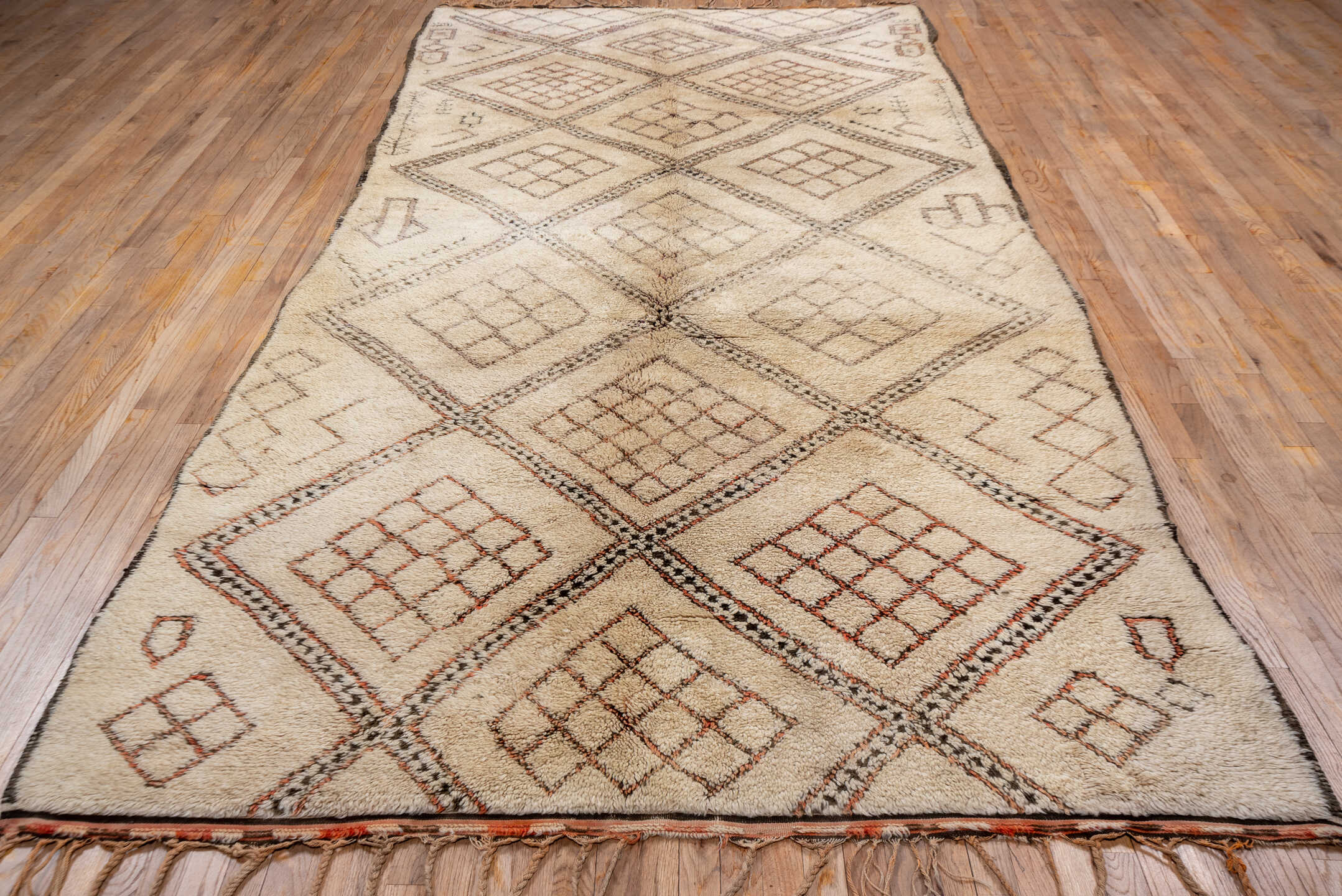 6' x 12' one-of-a-kind handmade vintage Moroccan large size rug. Color palette: brown, pink, gray, light gray, off-white