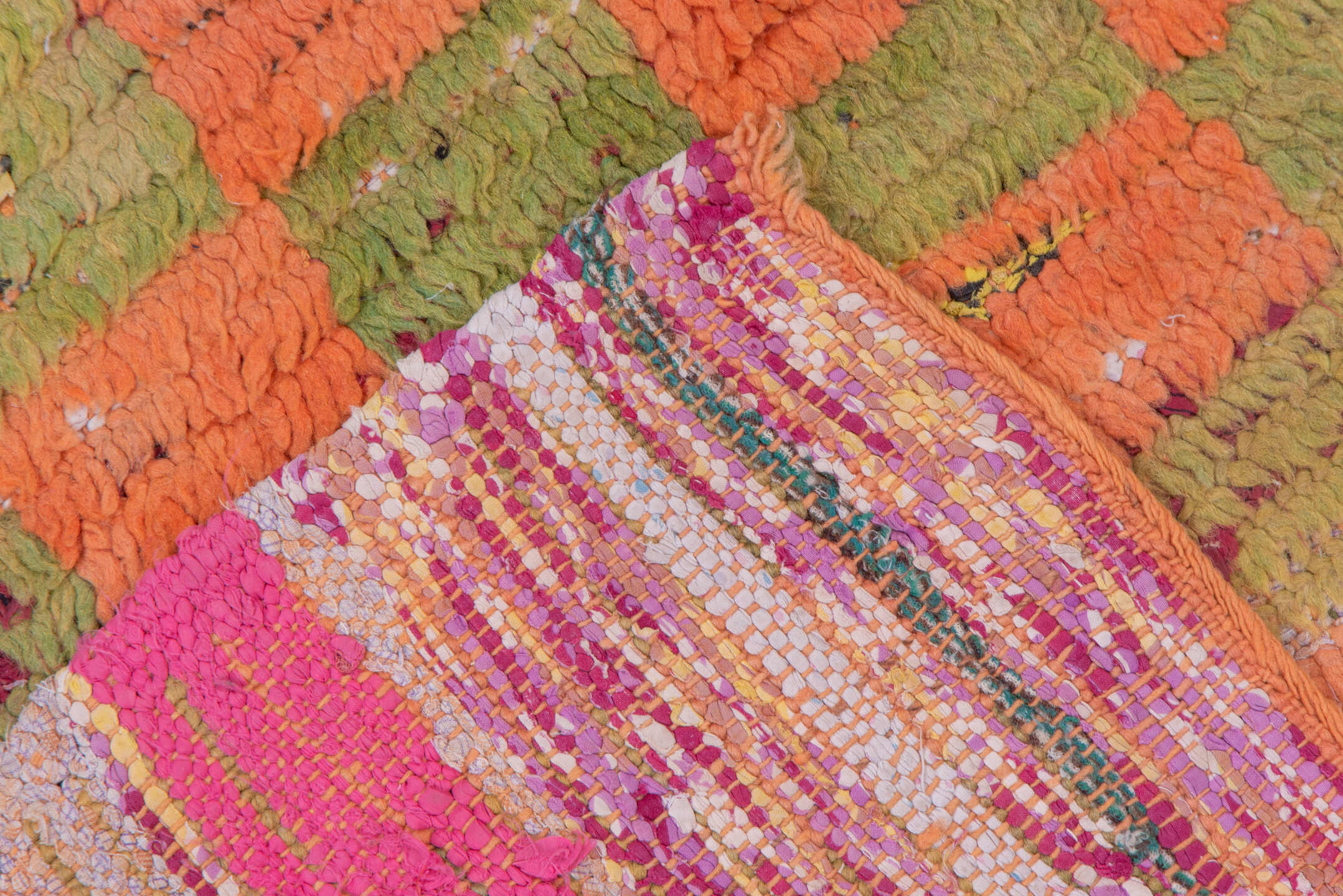 2' x 6' one-of-a-kind handmade vintage Moroccan runner rug. Color palette: brown, gray, light gray, off-white, orange, pink