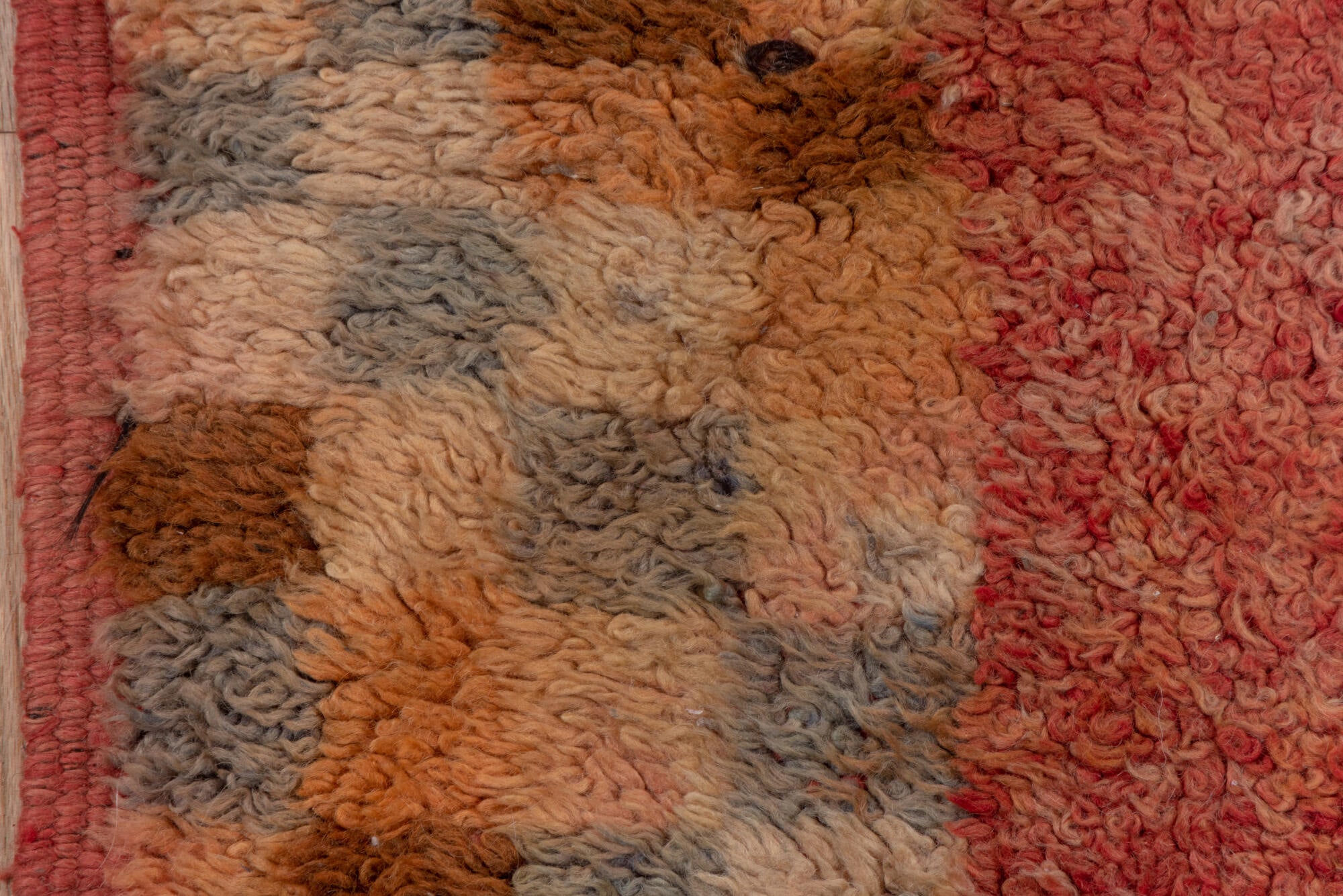 3' x 9' one-of-a-kind handmade vintage Moroccan runner rug. Color palette: brown, orange, pink, red