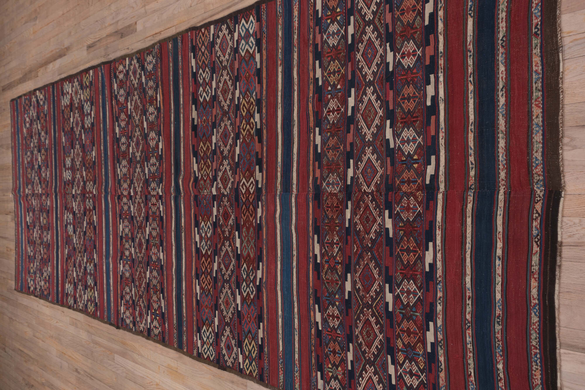 5' x 15' one-of-a-kind handmade vintage Kilim rug. Color palette: arapawa, blue, brown, gray, pink, red, slate gray