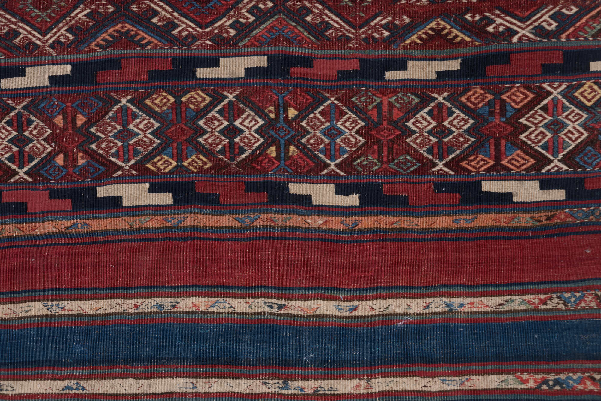 5' x 15' one-of-a-kind handmade vintage Kilim rug. Color palette: arapawa, blue, brown, gray, pink, red, slate gray